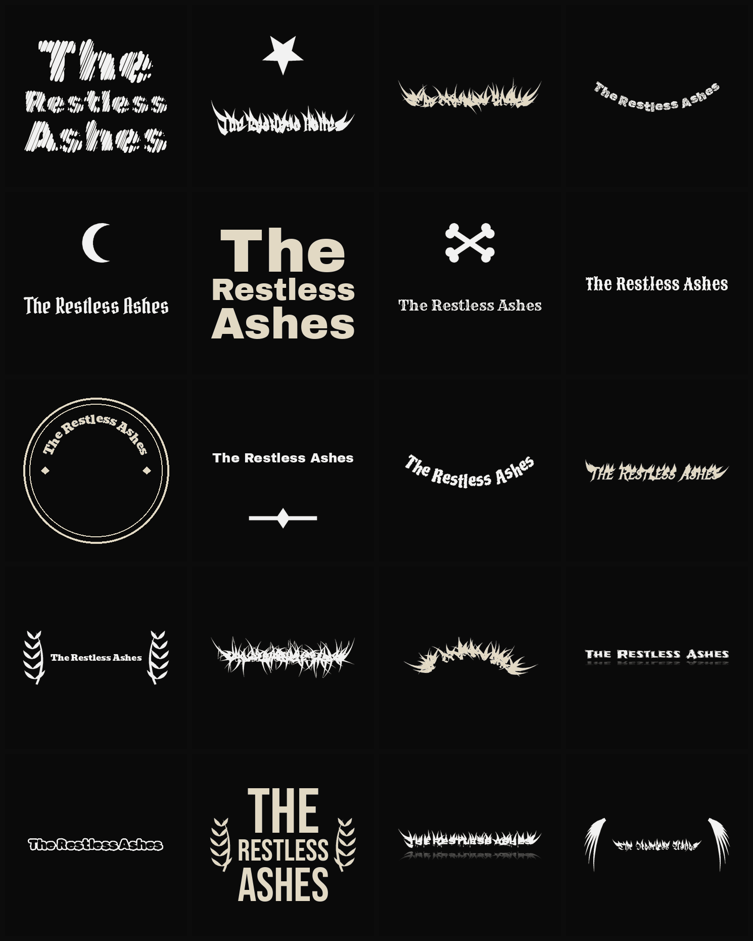 Twenty The Restless Ashes band logo ideas — different faces, treatments and spike settings