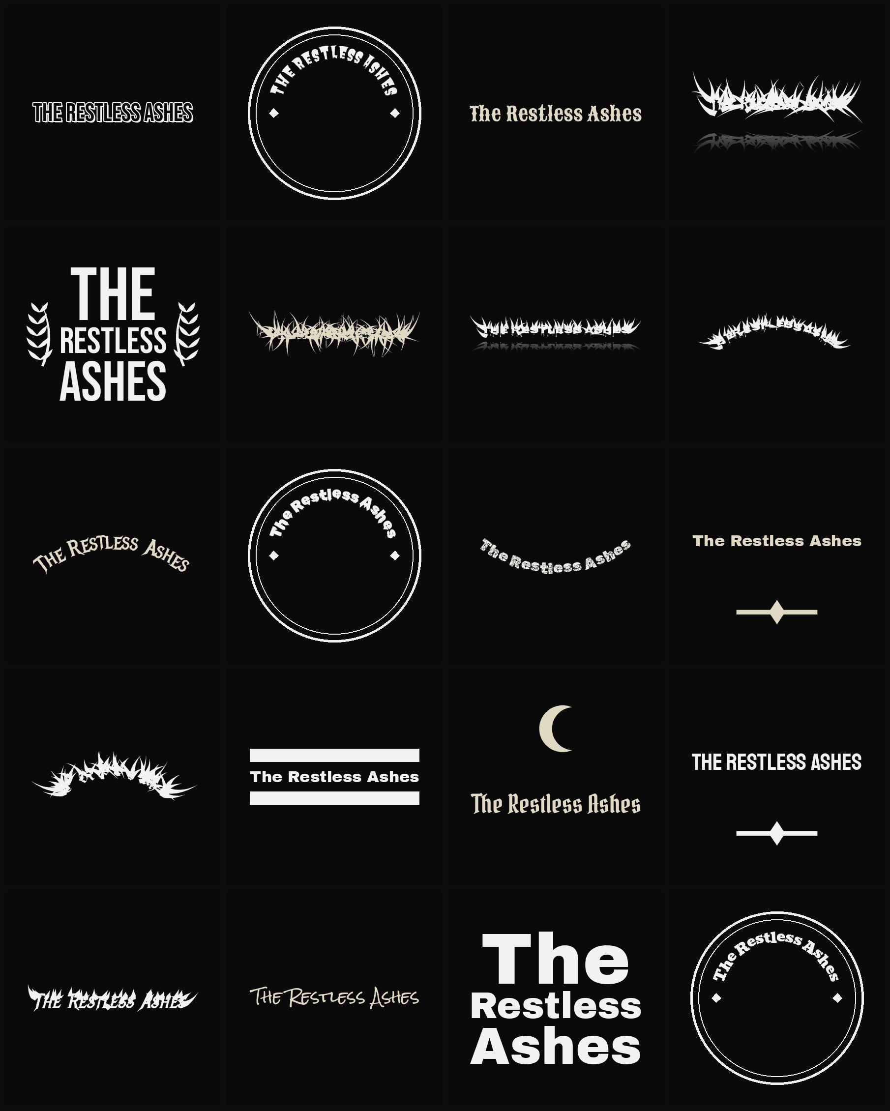 Twenty The Restless Ashes band logo ideas — different faces, treatments and spike settings