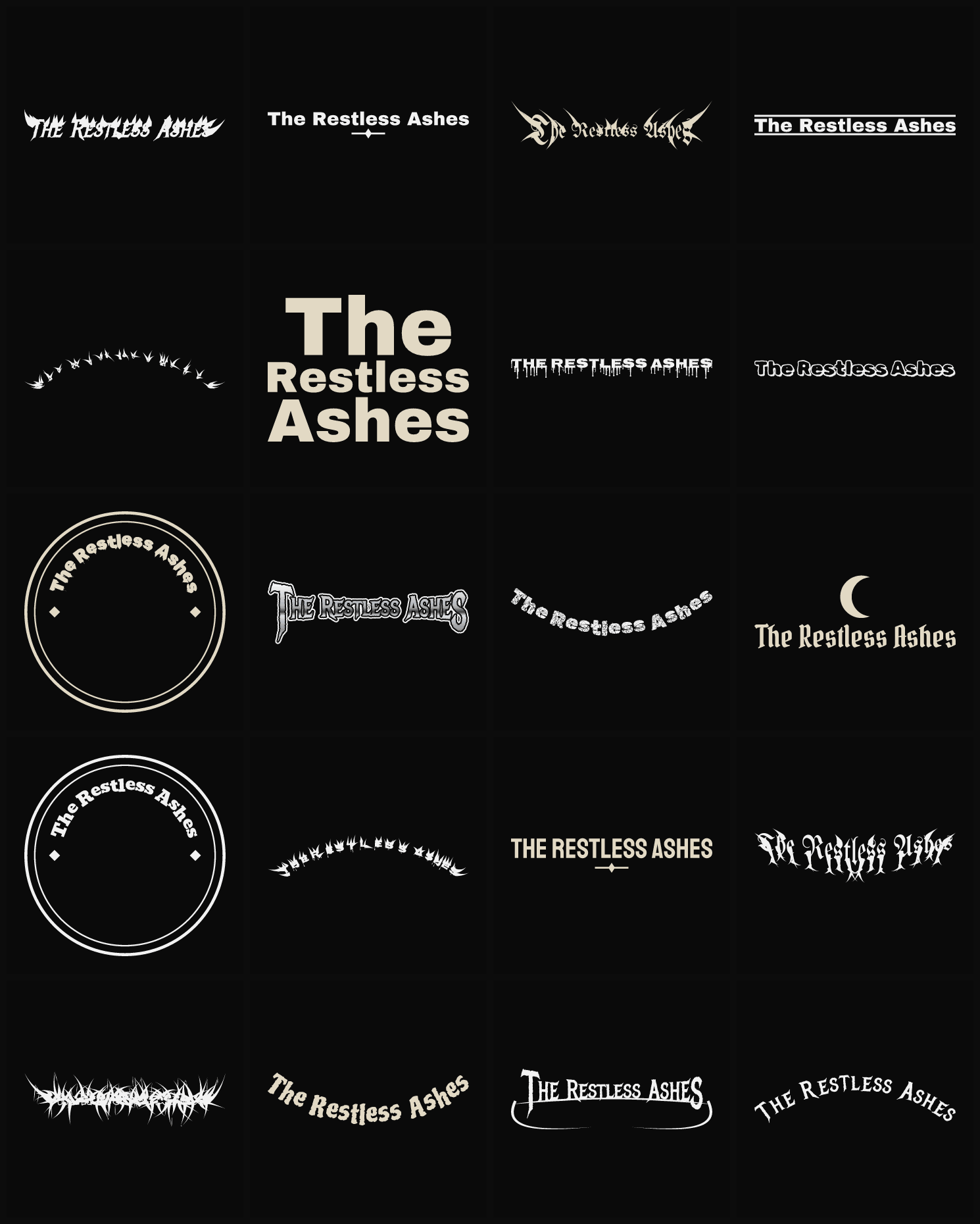 Twenty The Restless Ashes band logo ideas — different faces, treatments and spike settings
