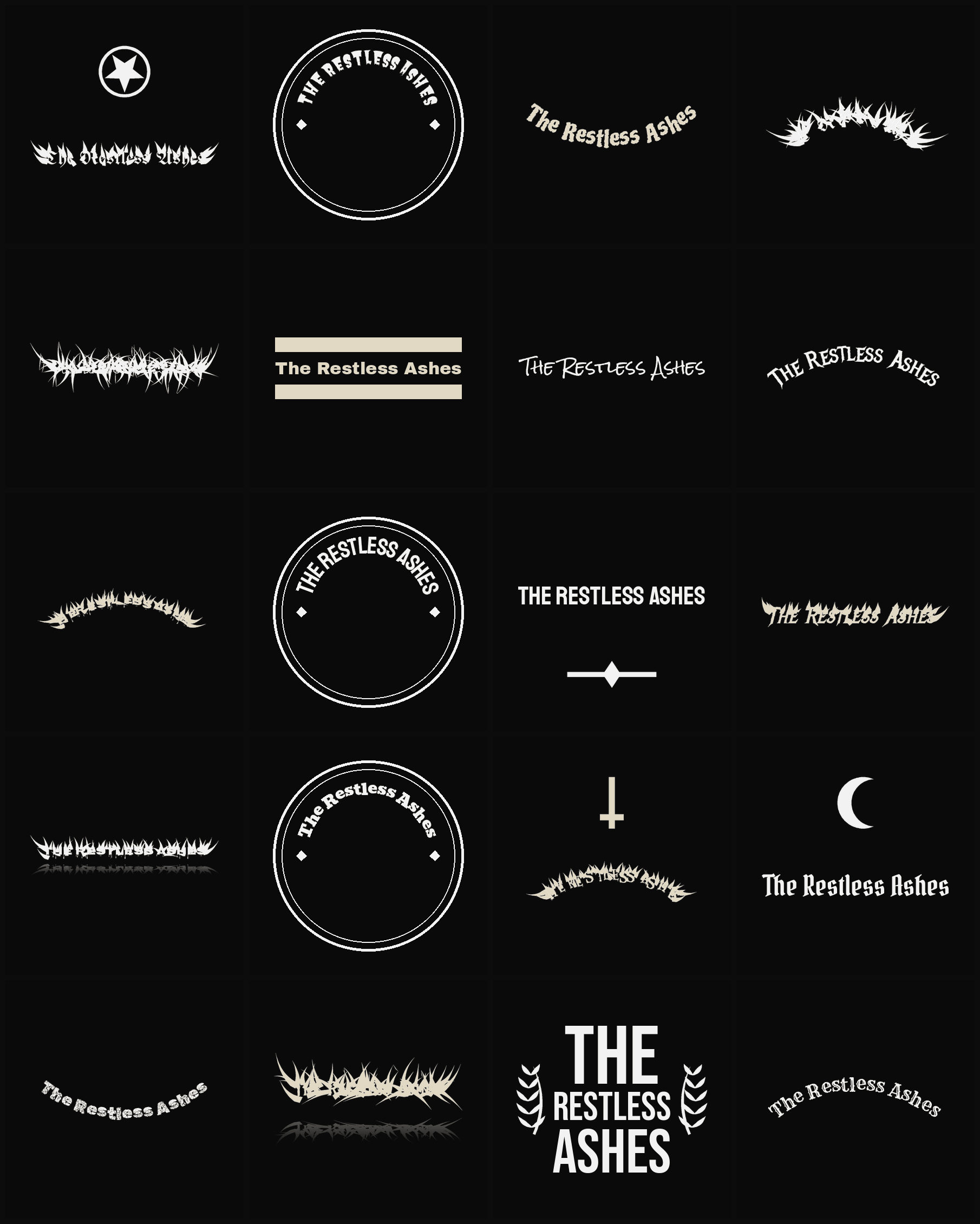 Twenty The Restless Ashes band logo ideas — different faces, treatments and spike settings