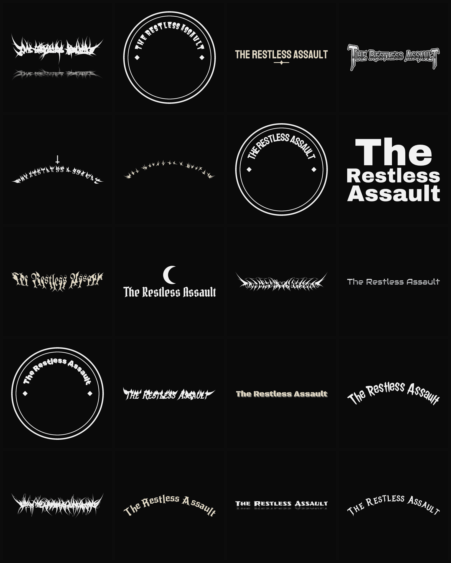 Twenty The Restless Assault band logo ideas — different faces, treatments and spike settings