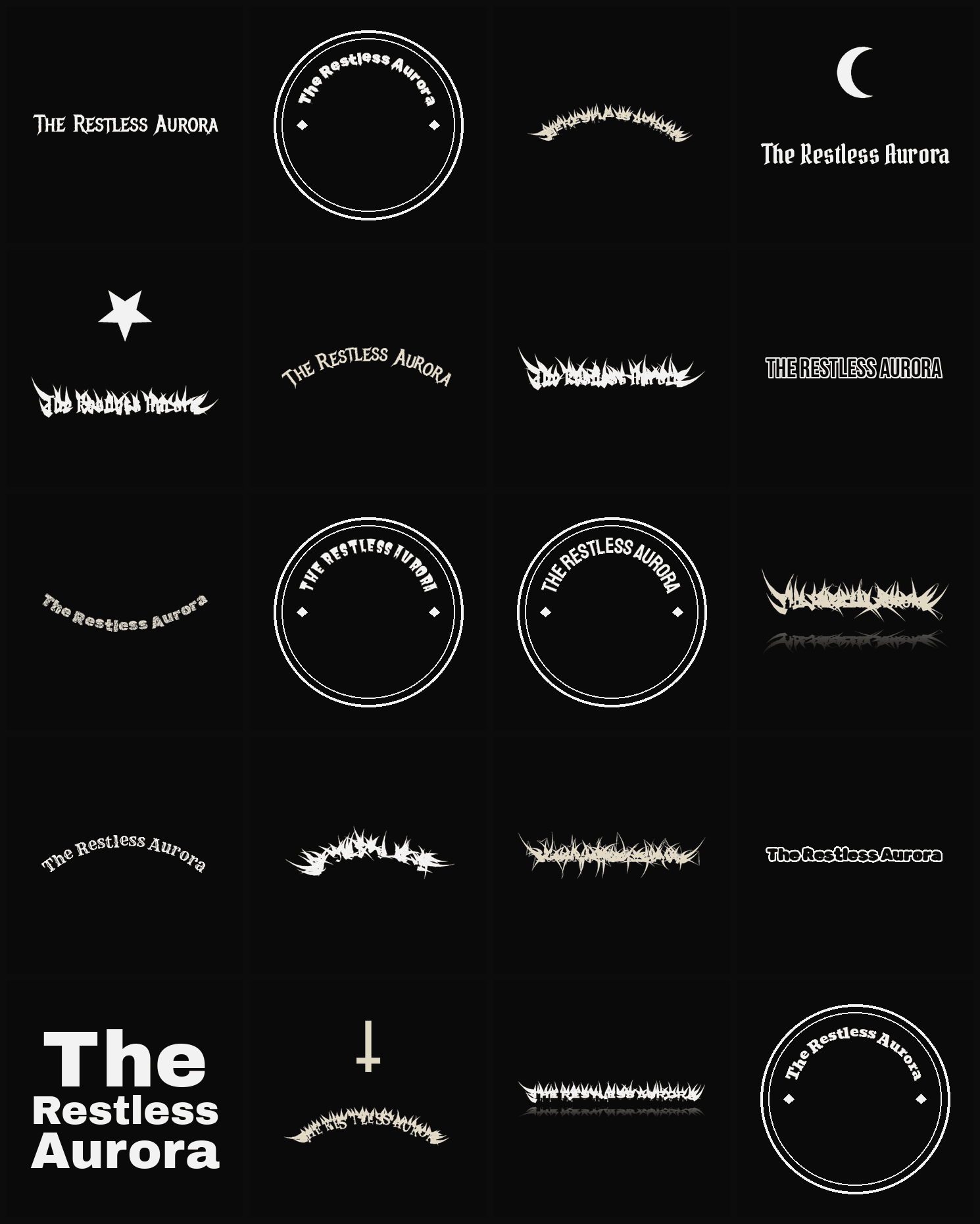 Twenty The Restless Aurora band logo ideas — different faces, treatments and spike settings