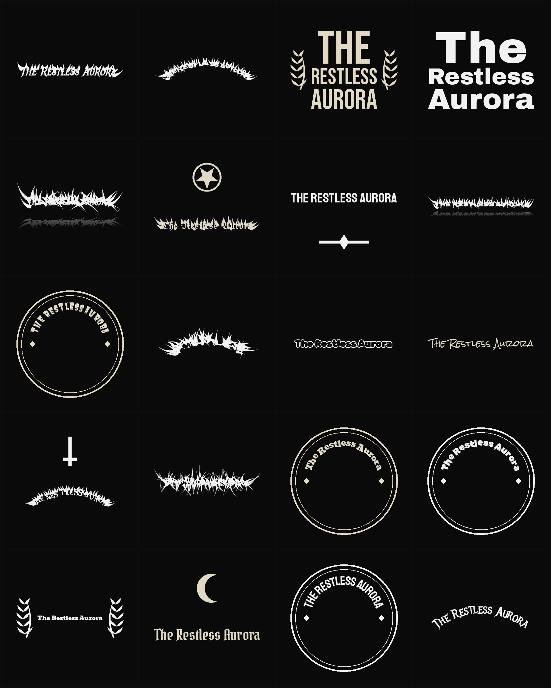 Twenty The Restless Aurora band logo ideas — different faces, treatments and spike settings