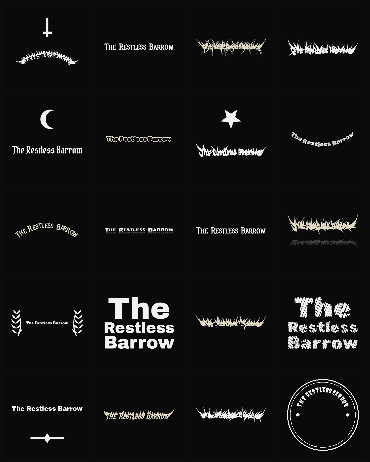 Twenty The Restless Barrow band logo ideas — different faces, treatments and spike settings