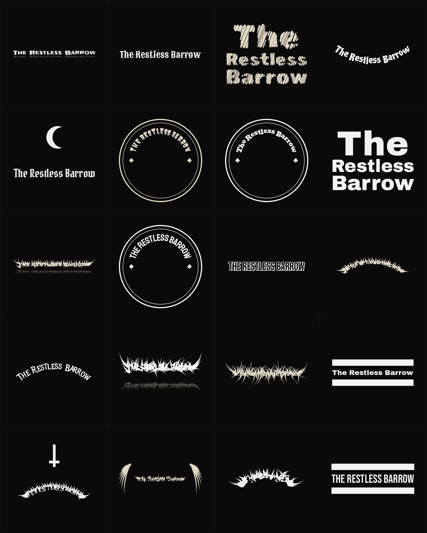 Twenty The Restless Barrow band logo ideas — different faces, treatments and spike settings