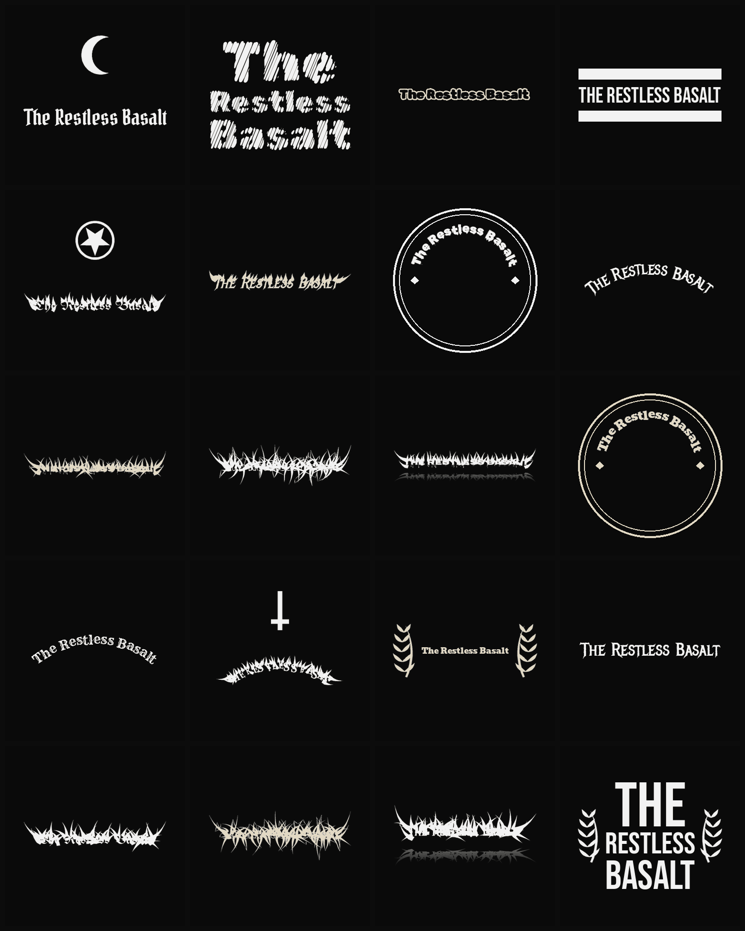 Twenty The Restless Basalt band logo ideas — different faces, treatments and spike settings