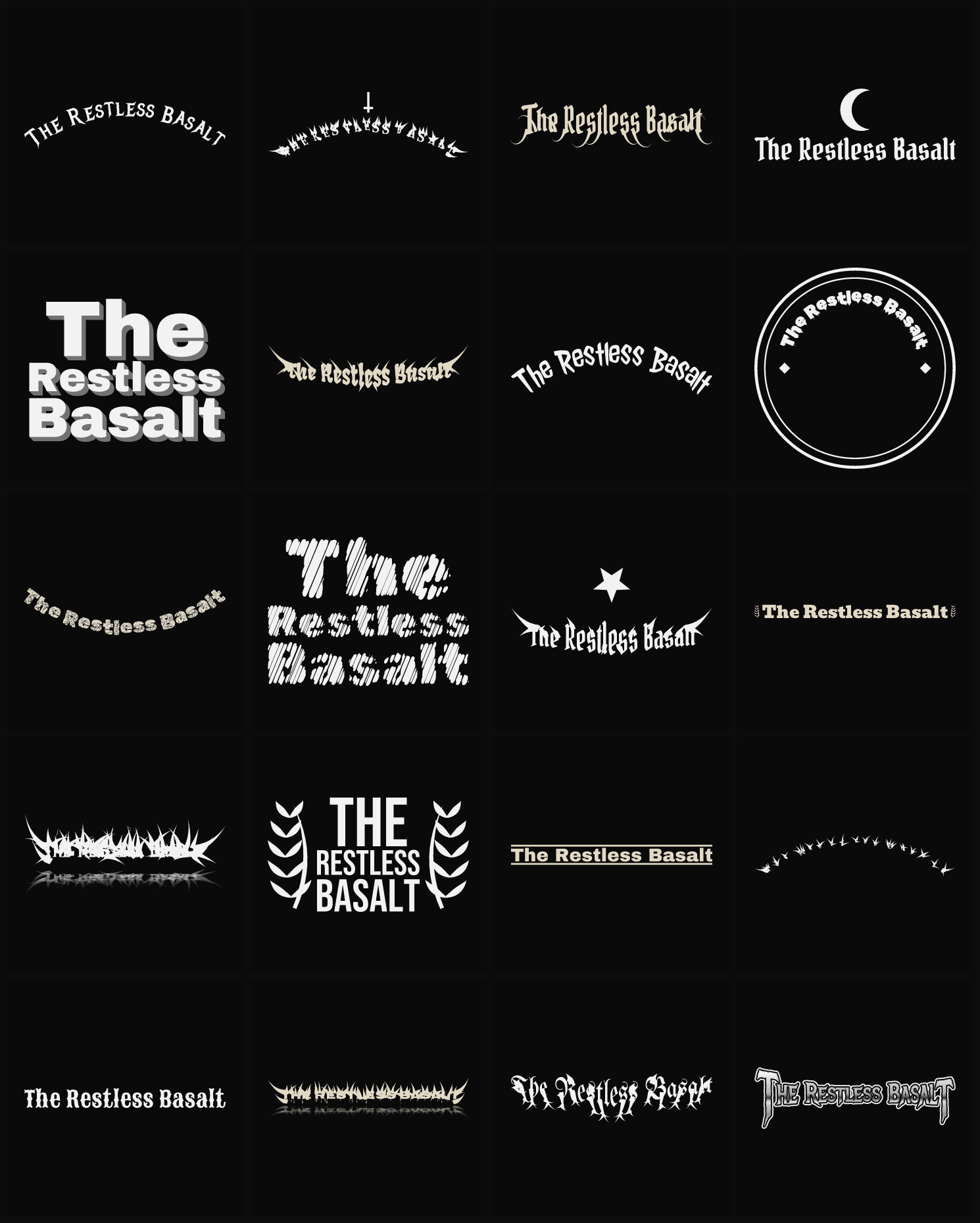Twenty The Restless Basalt band logo ideas — different faces, treatments and spike settings