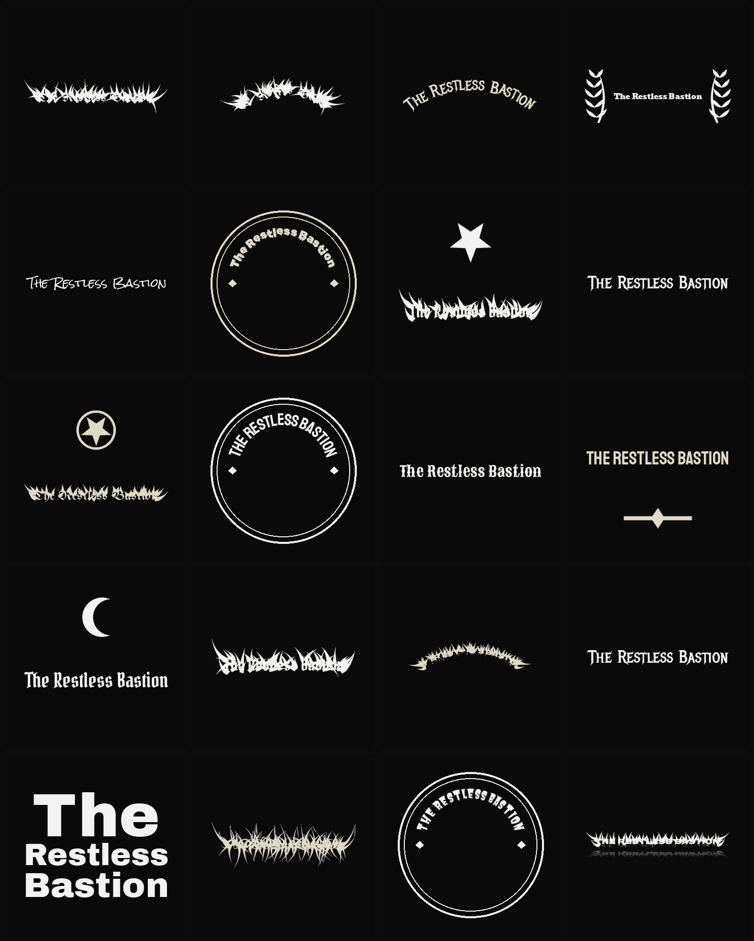 Twenty The Restless Bastion band logo ideas — different faces, treatments and spike settings
