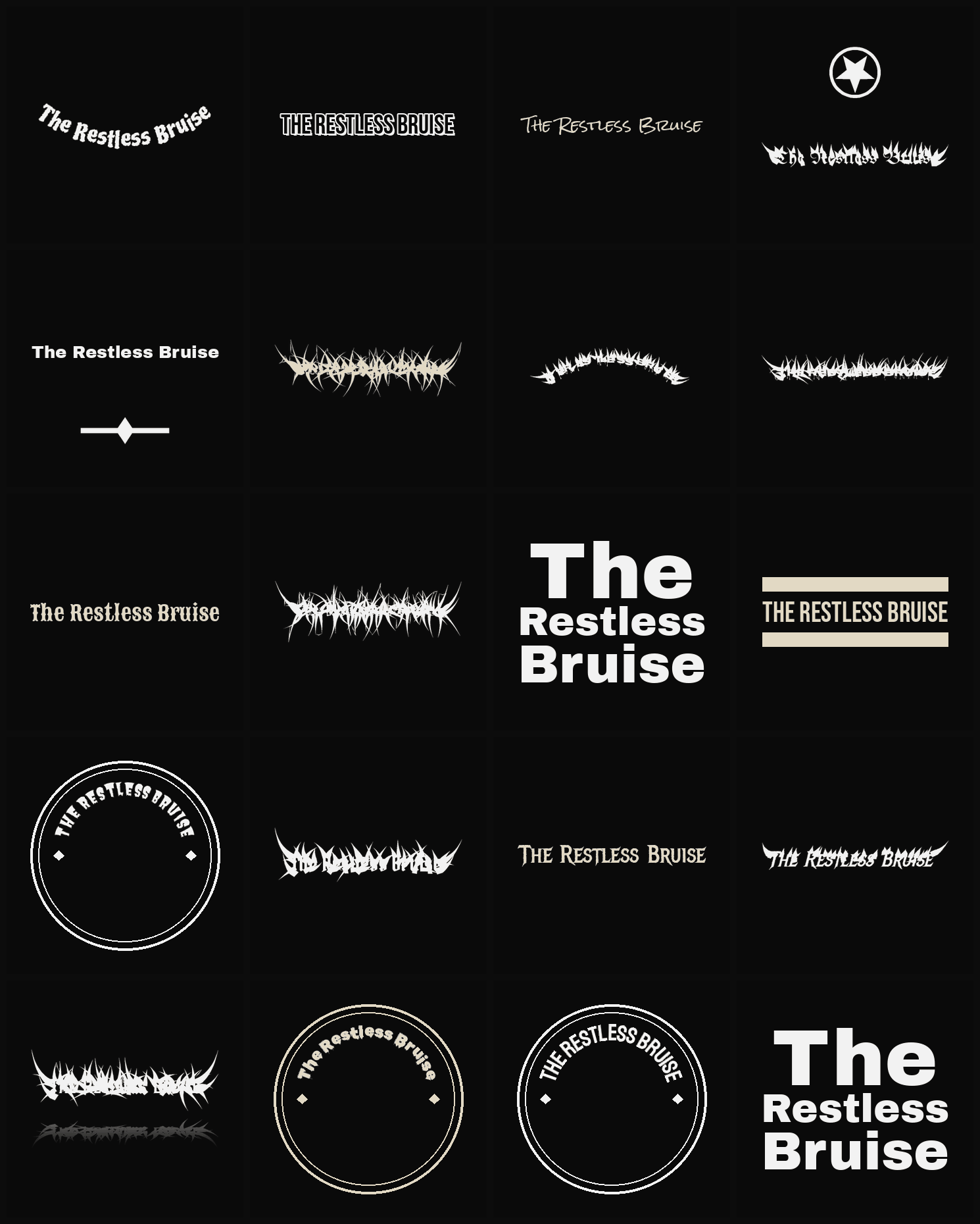 Twenty The Restless Bruise band logo ideas — different faces, treatments and spike settings