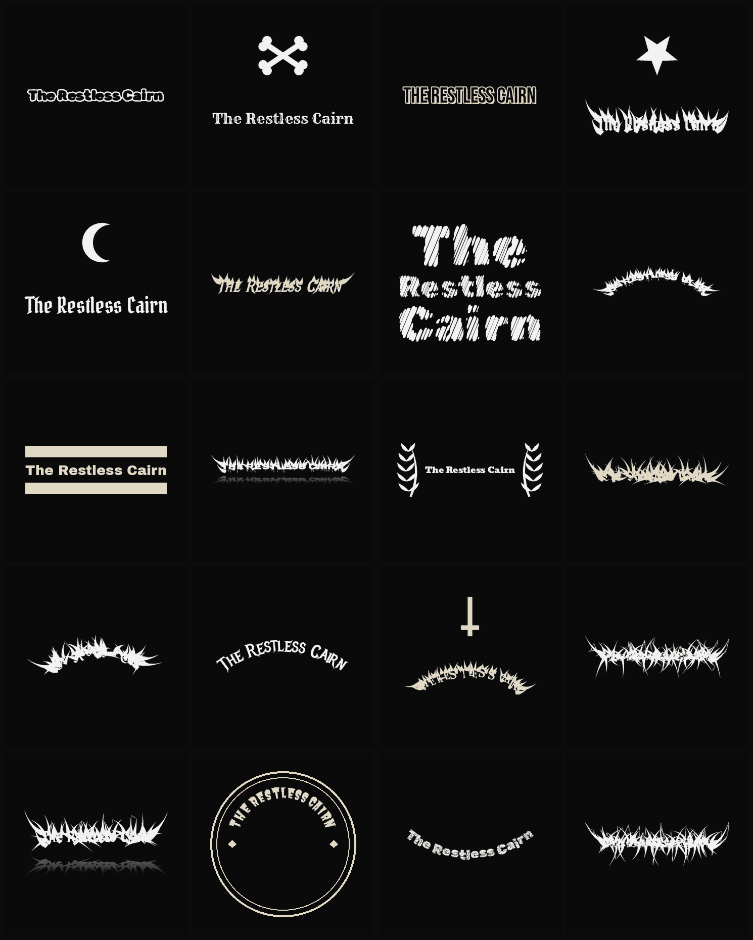 Twenty The Restless Cairn band logo ideas — different faces, treatments and spike settings