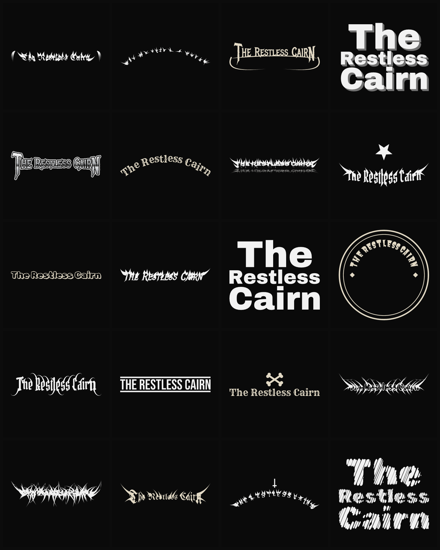 Twenty The Restless Cairn band logo ideas — different faces, treatments and spike settings