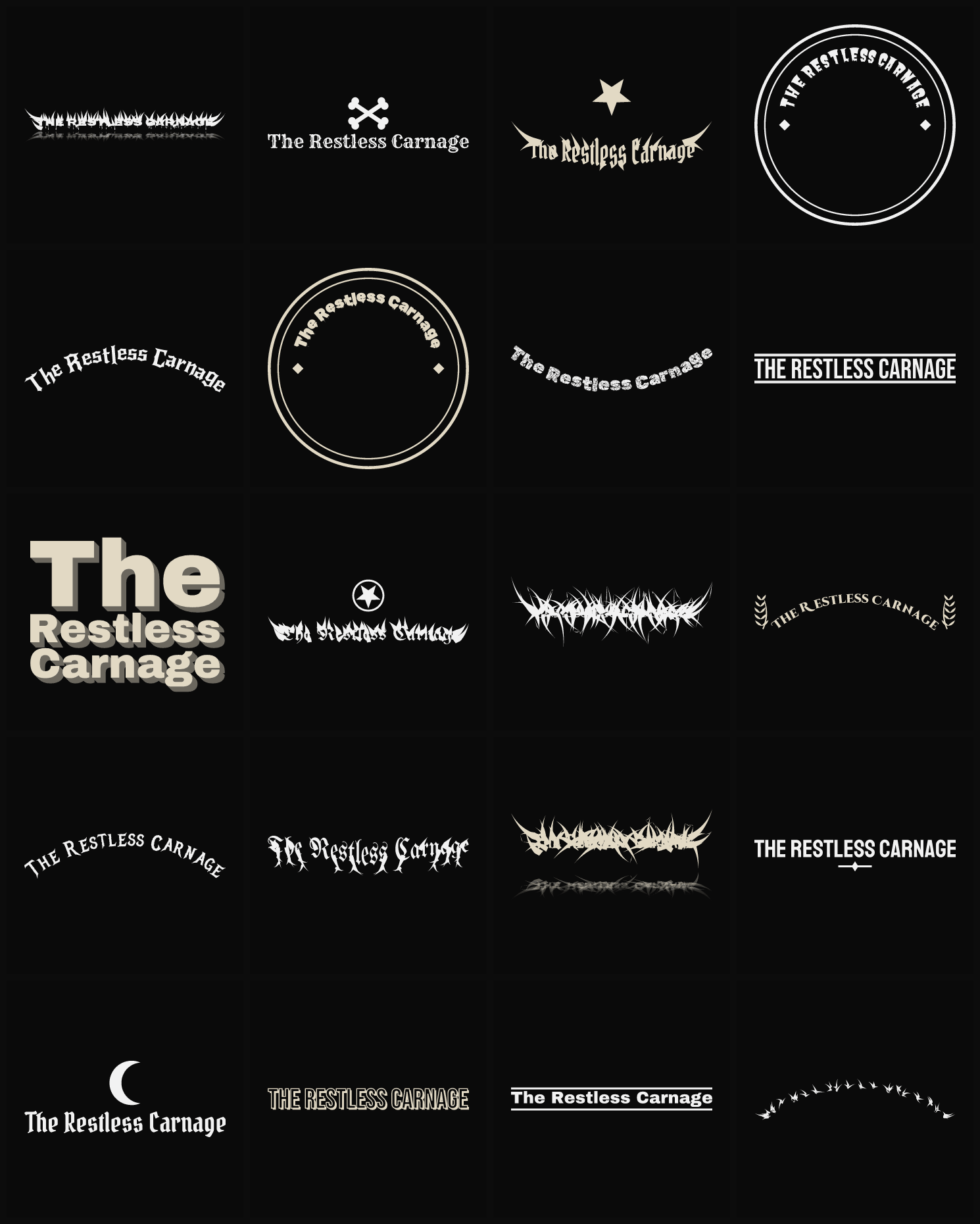 Twenty The Restless Carnage band logo ideas — different faces, treatments and spike settings