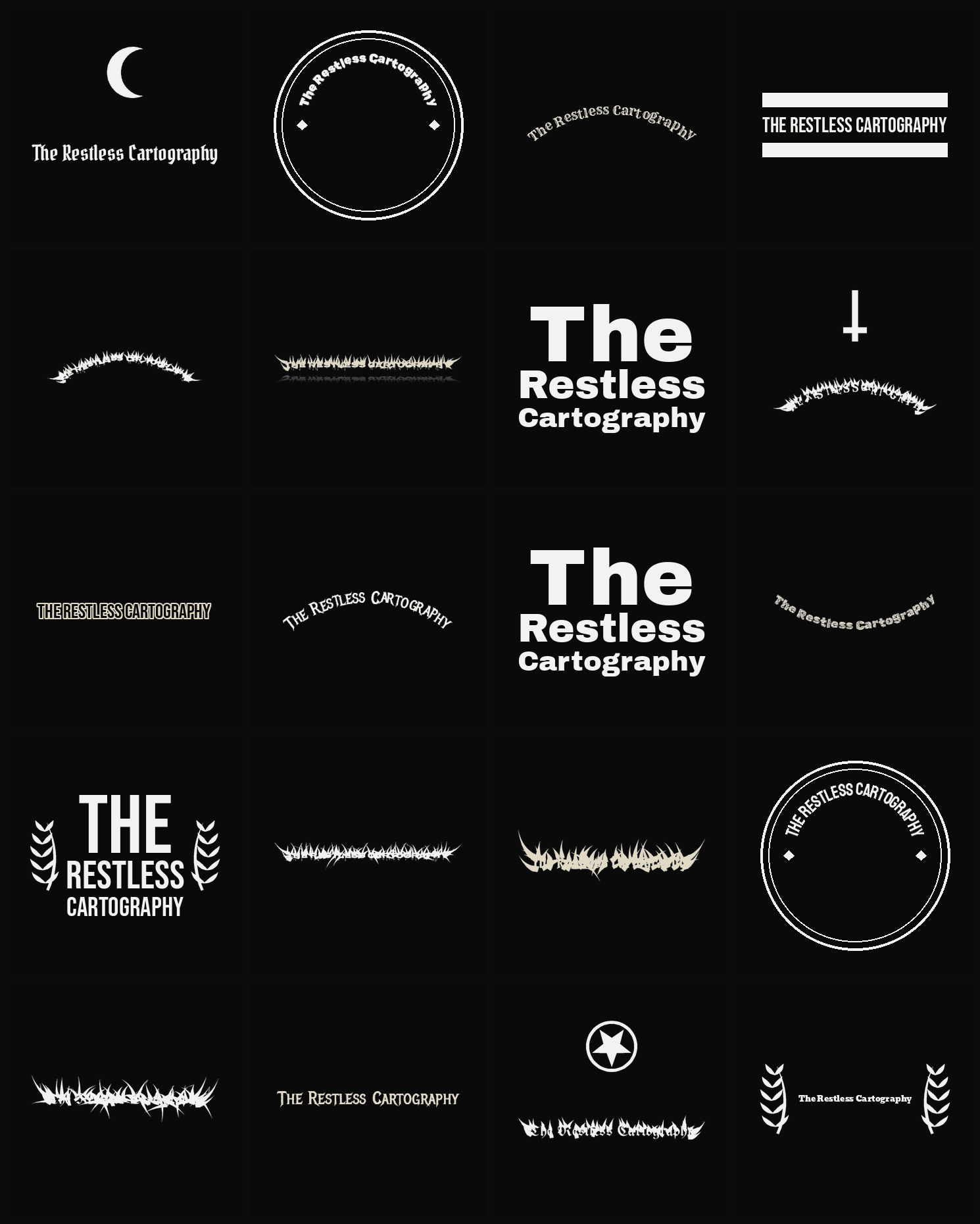 Twenty The Restless Cartography band logo ideas — different faces, treatments and spike settings