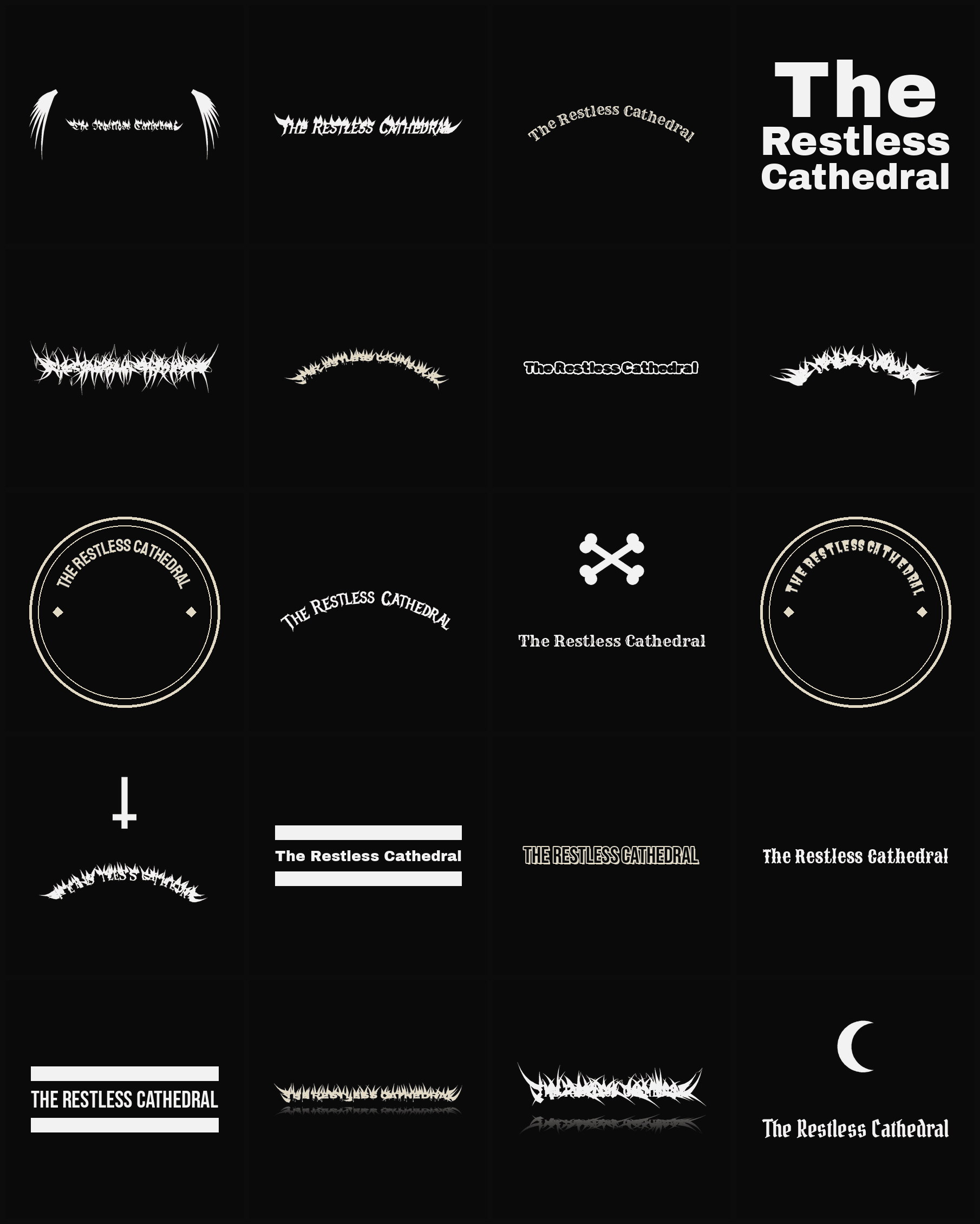 Twenty The Restless Cathedral band logo ideas — different faces, treatments and spike settings
