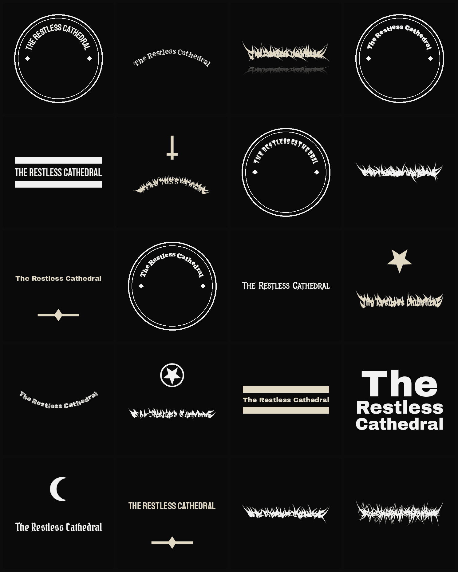 Twenty The Restless Cathedral band logo ideas — different faces, treatments and spike settings