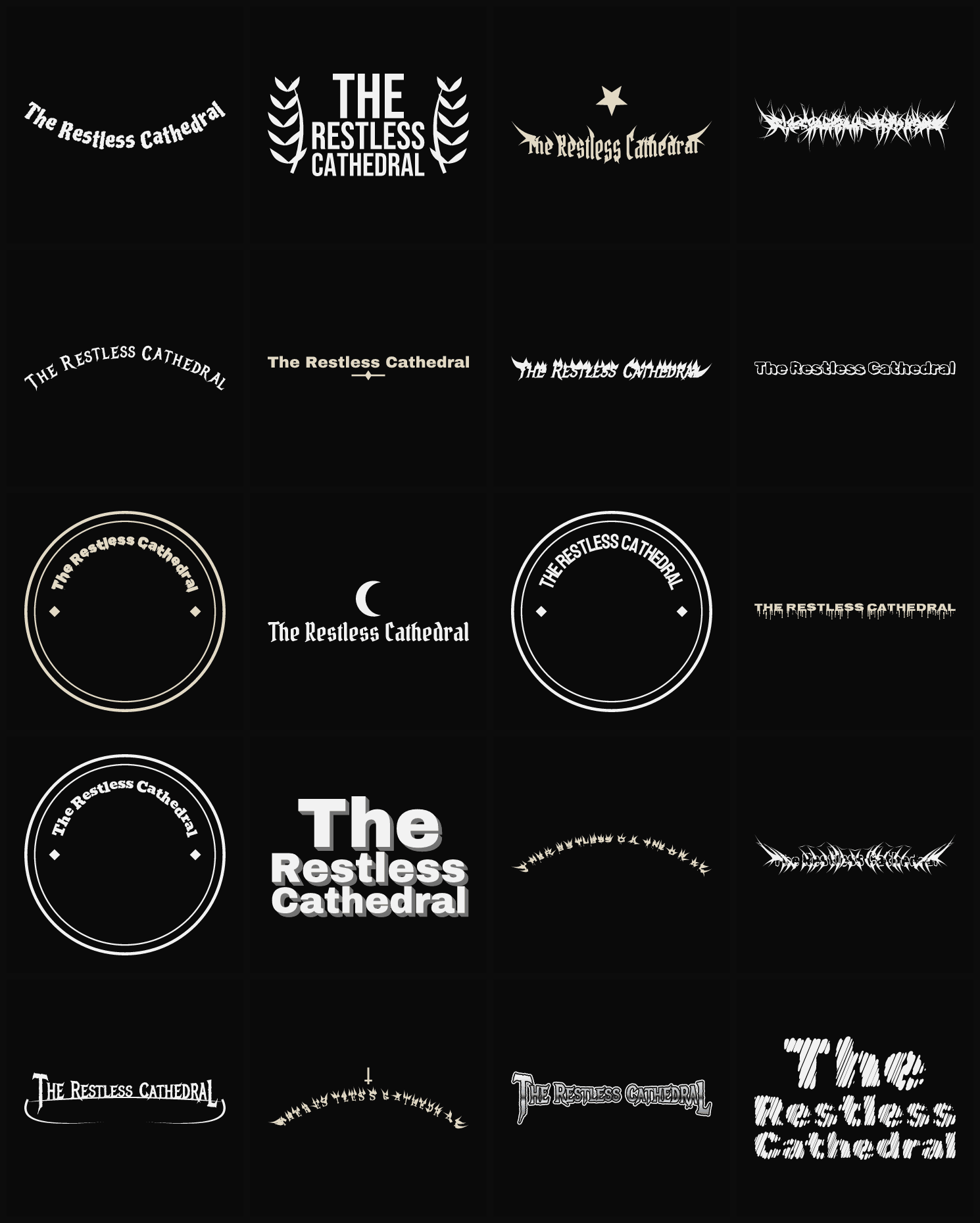 Twenty The Restless Cathedral band logo ideas — different faces, treatments and spike settings