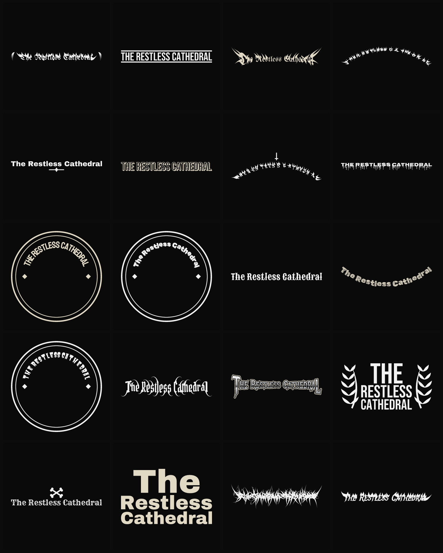 Twenty The Restless Cathedral band logo ideas — different faces, treatments and spike settings