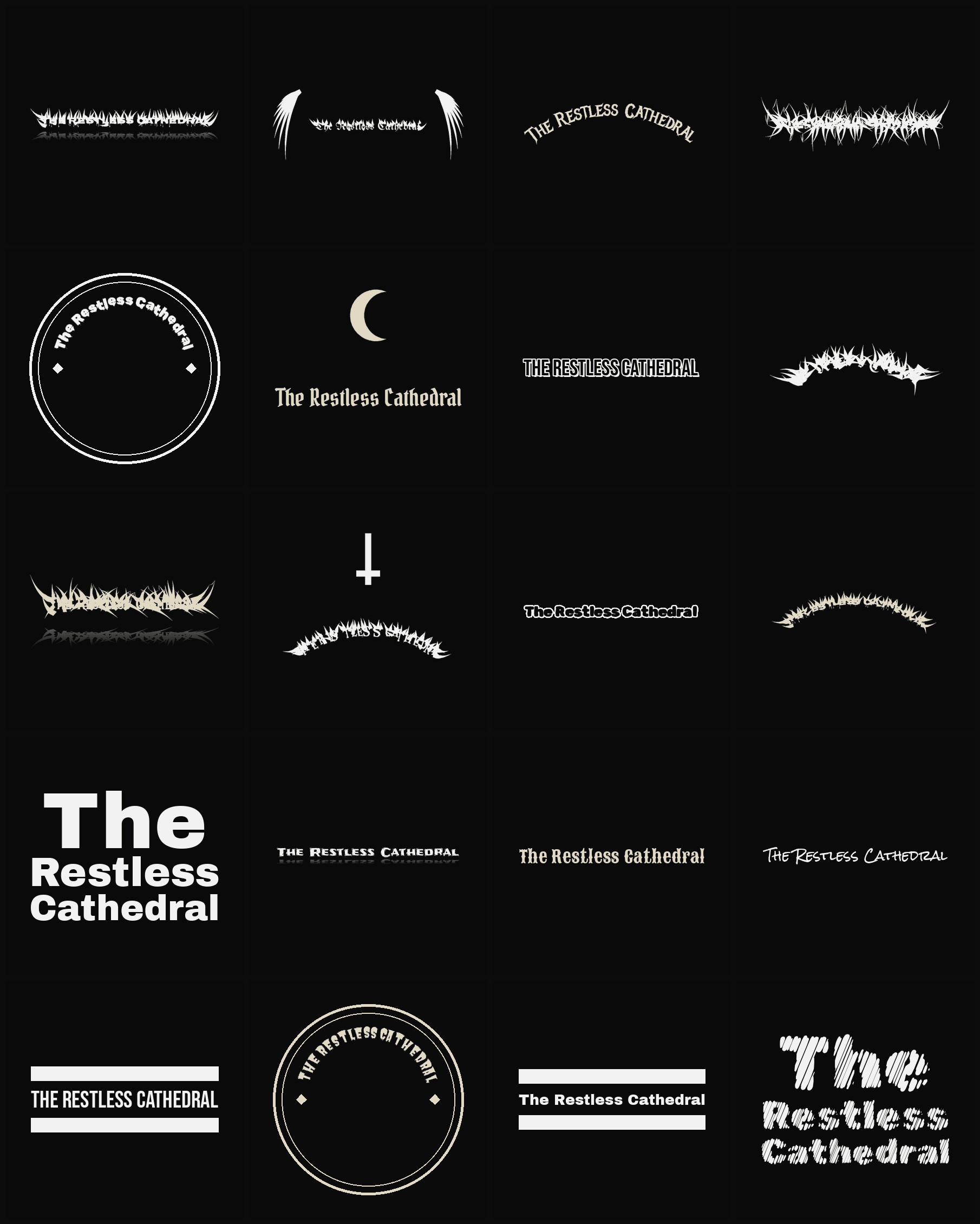 Twenty The Restless Cathedral band logo ideas — different faces, treatments and spike settings