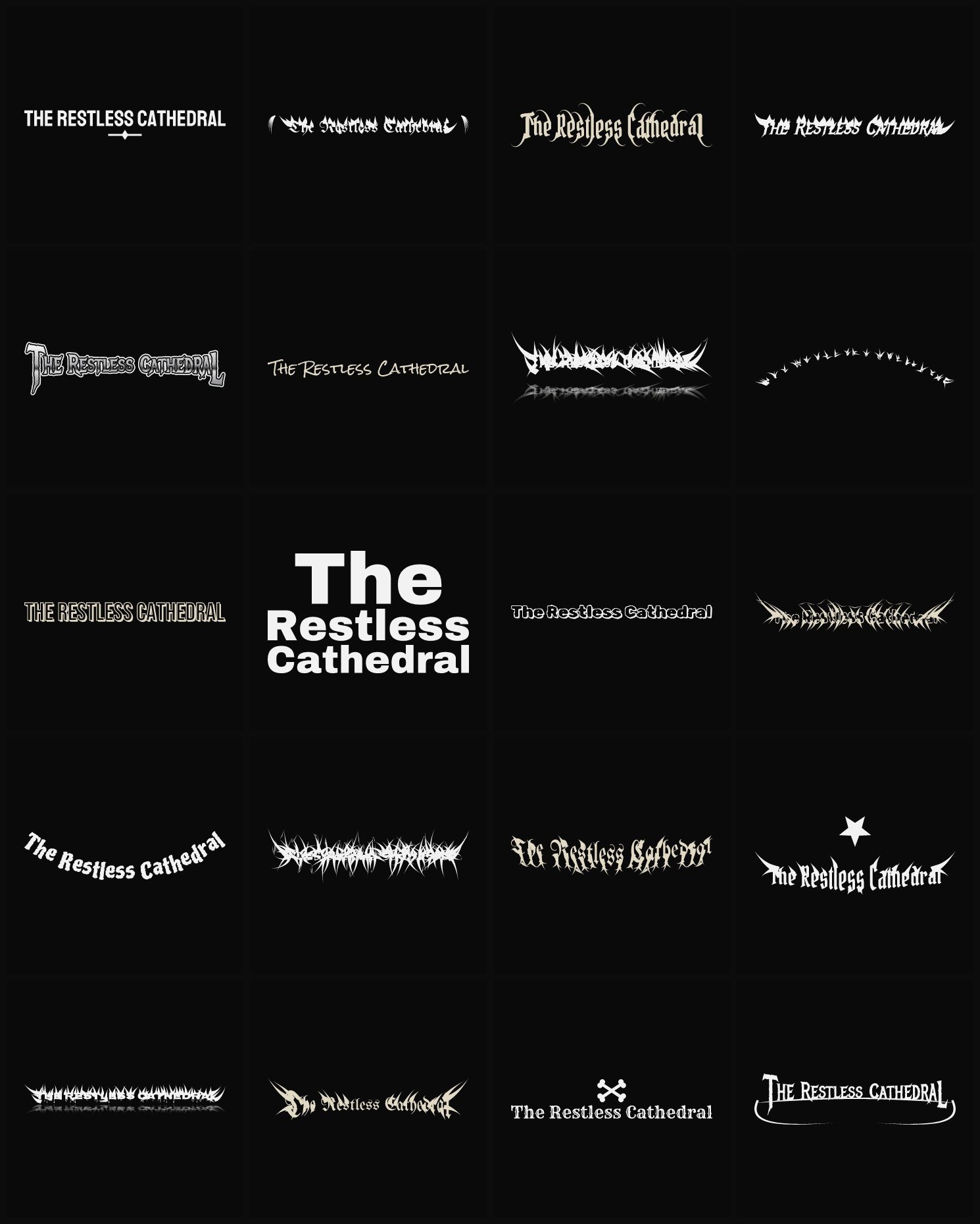 Twenty The Restless Cathedral band logo ideas — different faces, treatments and spike settings