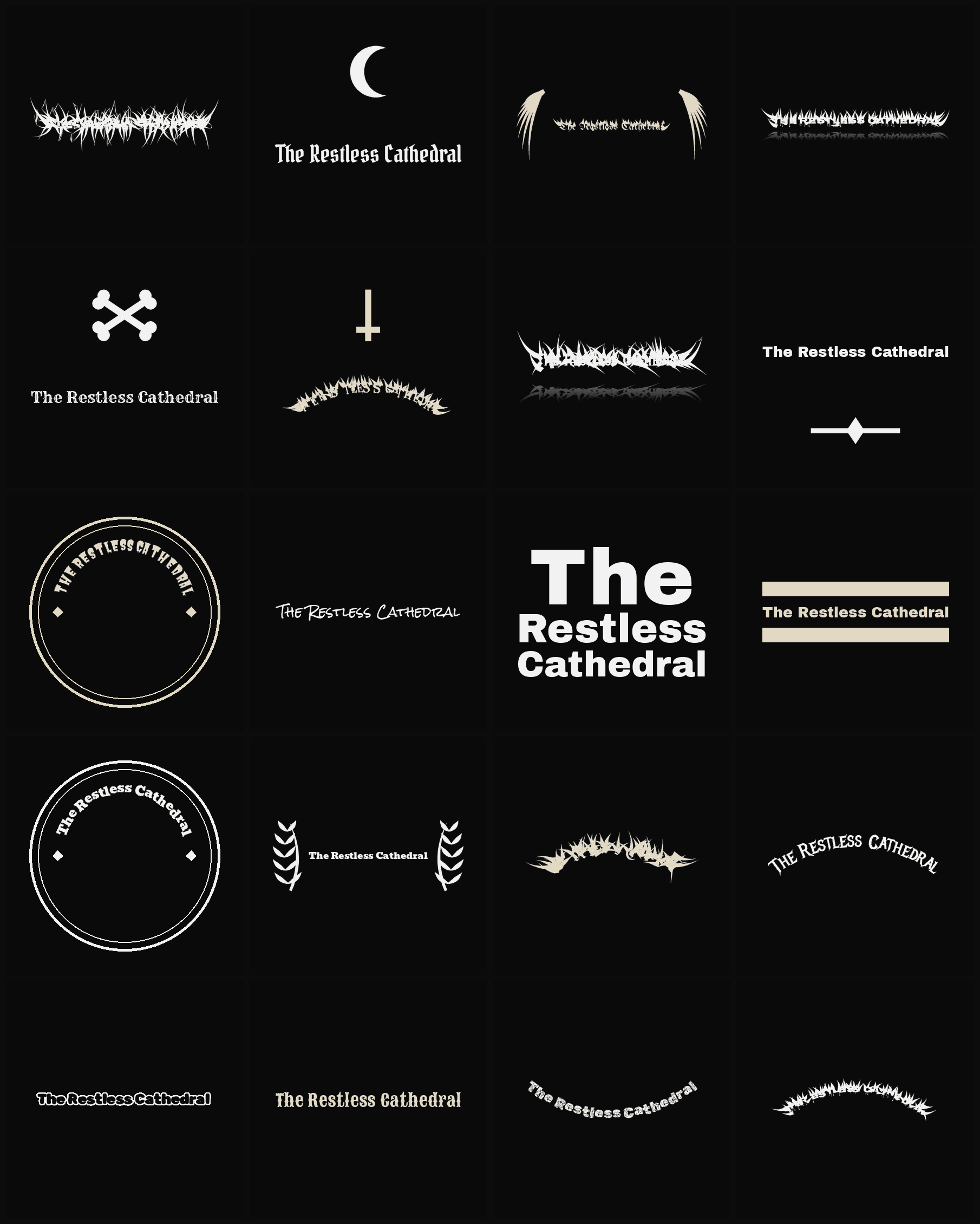 Twenty The Restless Cathedral band logo ideas — different faces, treatments and spike settings