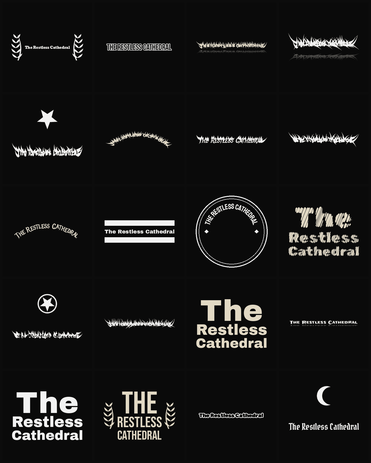 Twenty The Restless Cathedral band logo ideas — different faces, treatments and spike settings