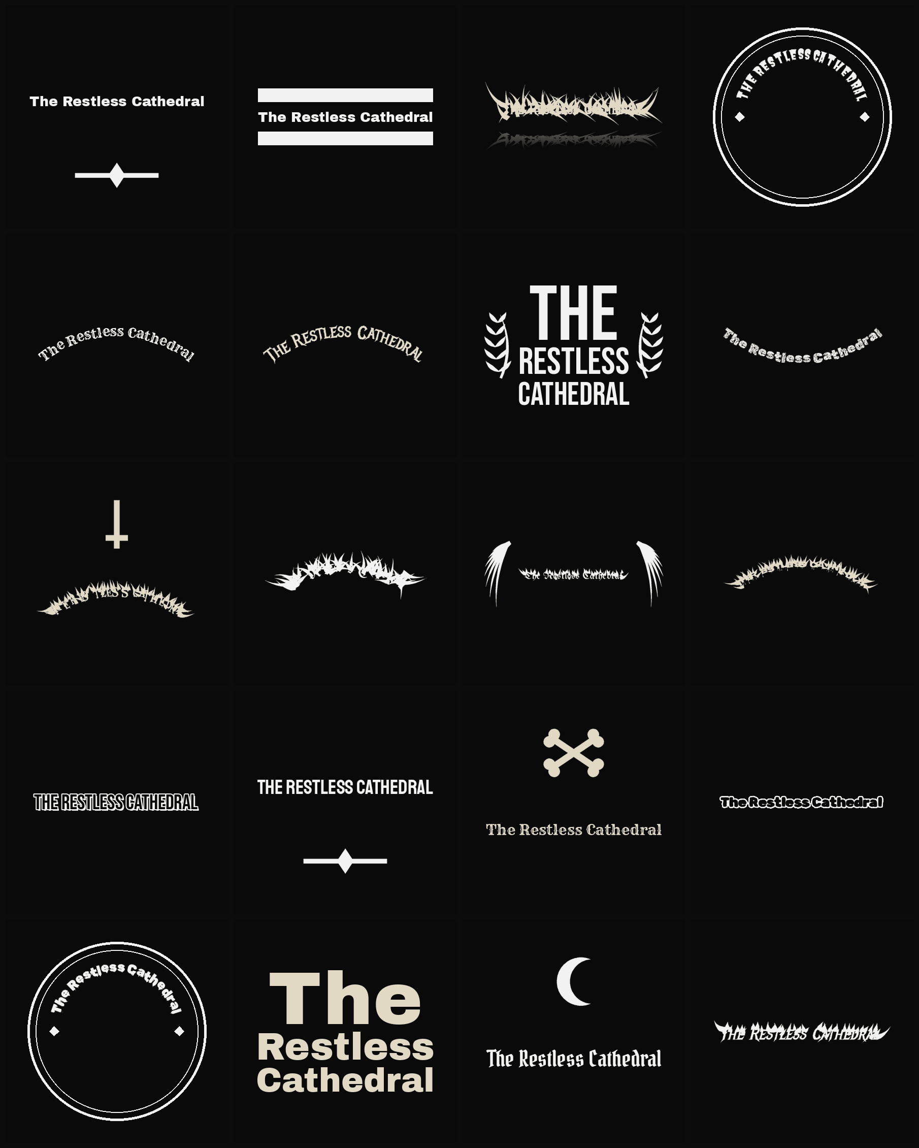 Twenty The Restless Cathedral band logo ideas — different faces, treatments and spike settings