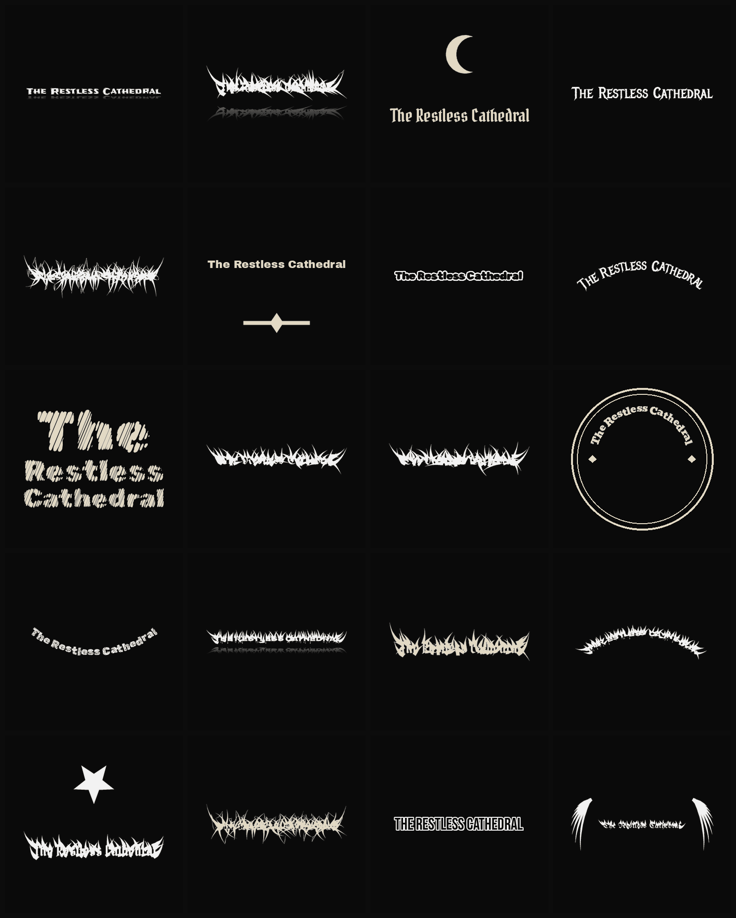Twenty The Restless Cathedral band logo ideas — different faces, treatments and spike settings