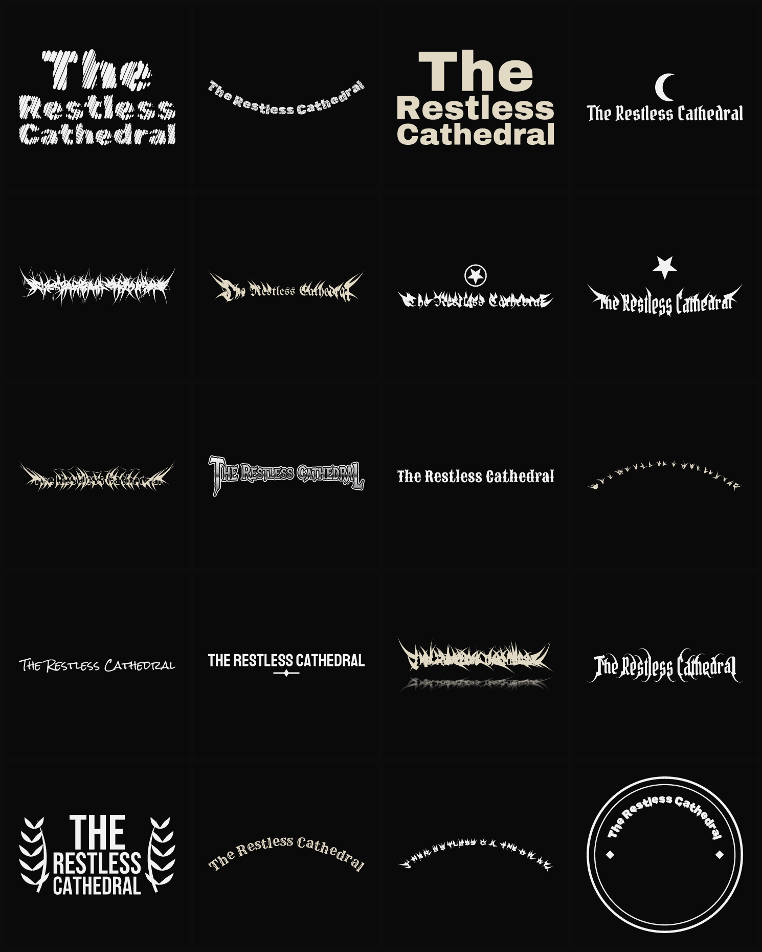 Twenty The Restless Cathedral band logo ideas — different faces, treatments and spike settings