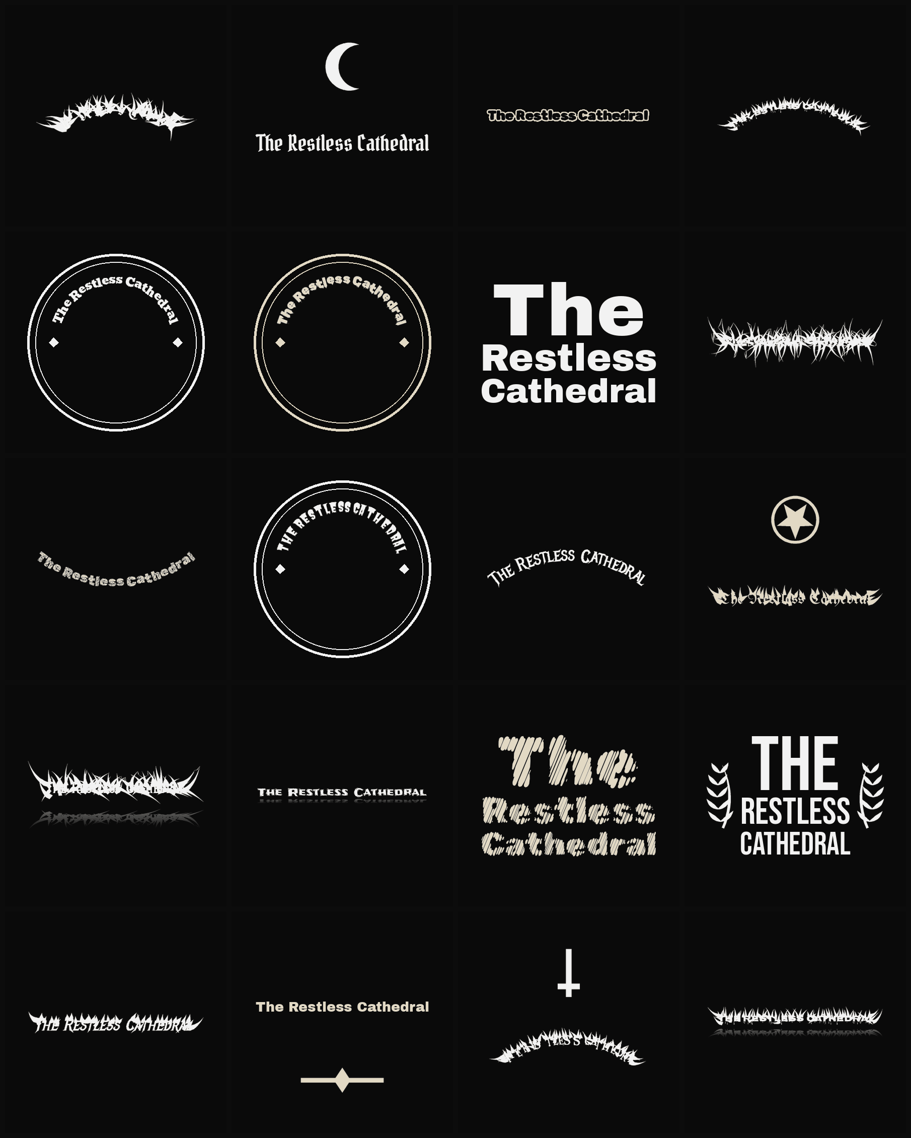 Twenty The Restless Cathedral band logo ideas — different faces, treatments and spike settings