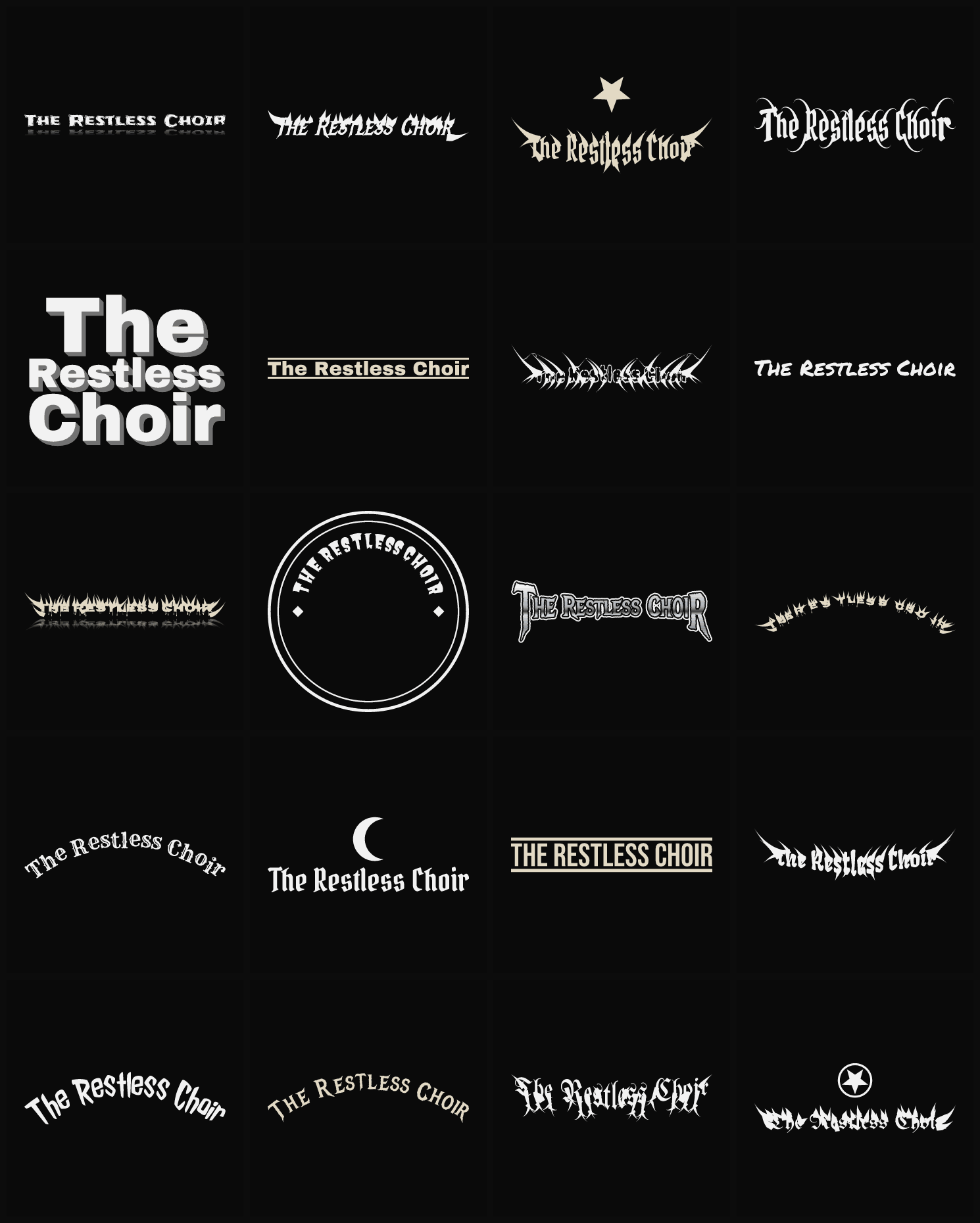 Twenty The Restless Choir band logo ideas — different faces, treatments and spike settings