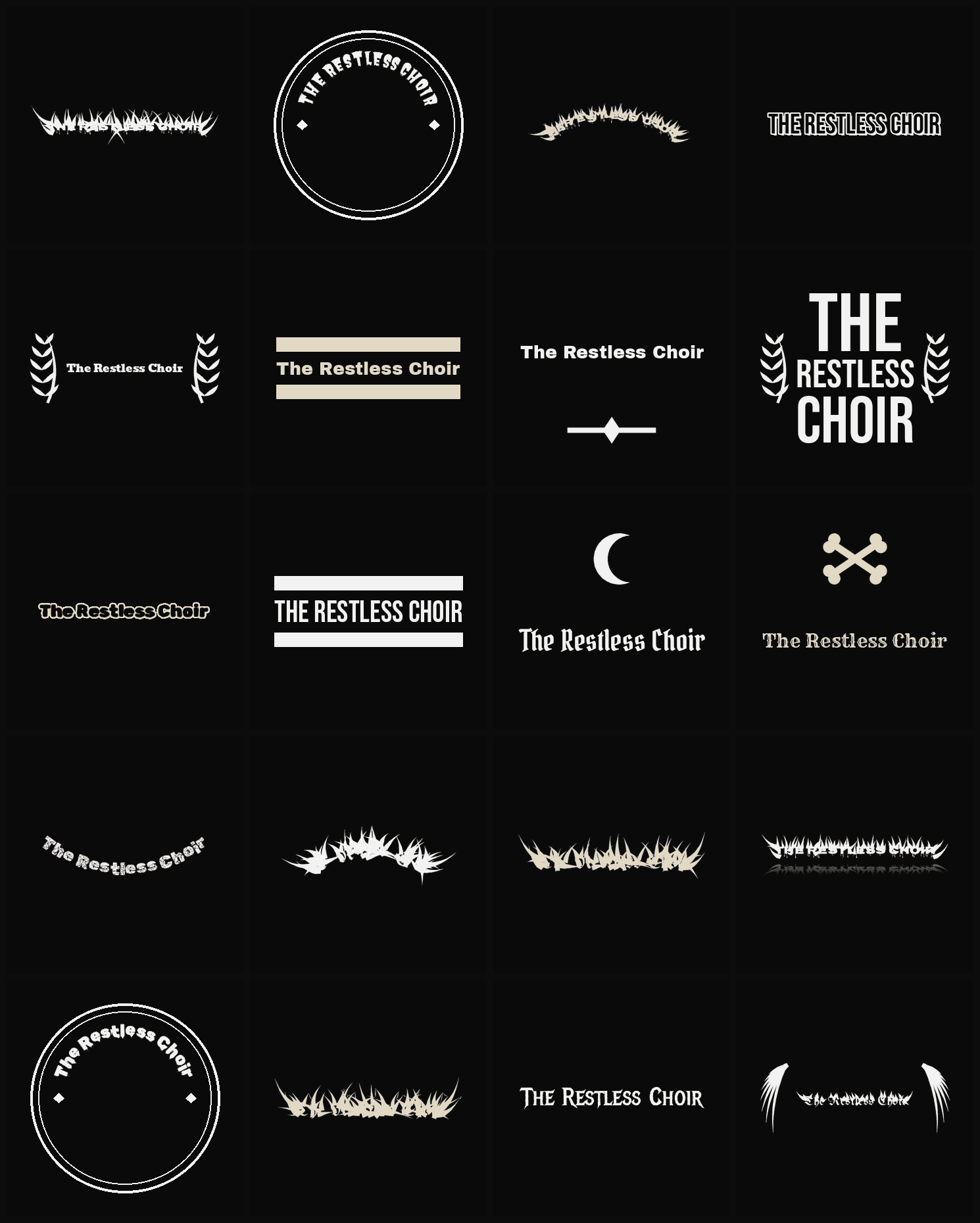Twenty The Restless Choir band logo ideas — different faces, treatments and spike settings
