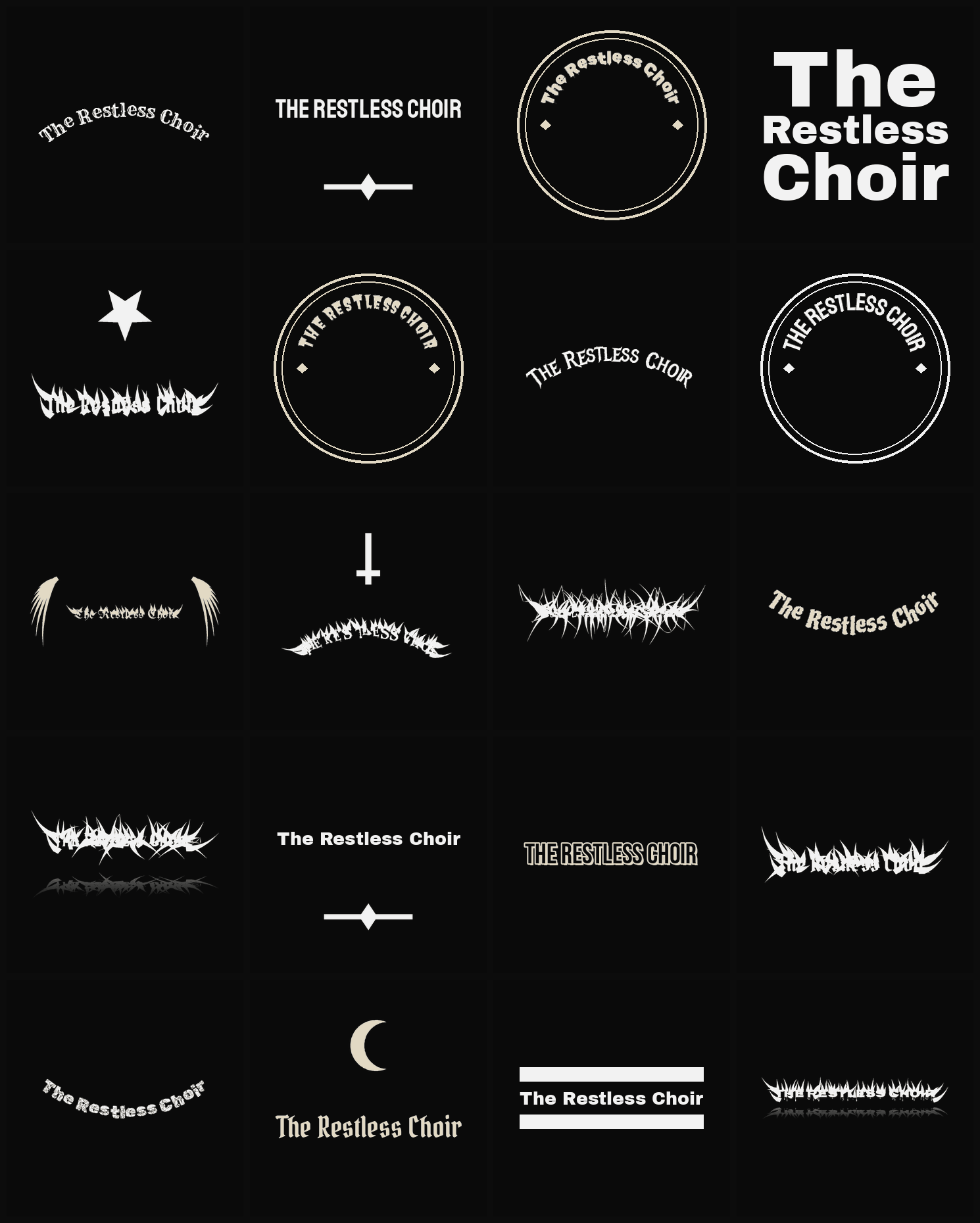 Twenty The Restless Choir band logo ideas — different faces, treatments and spike settings
