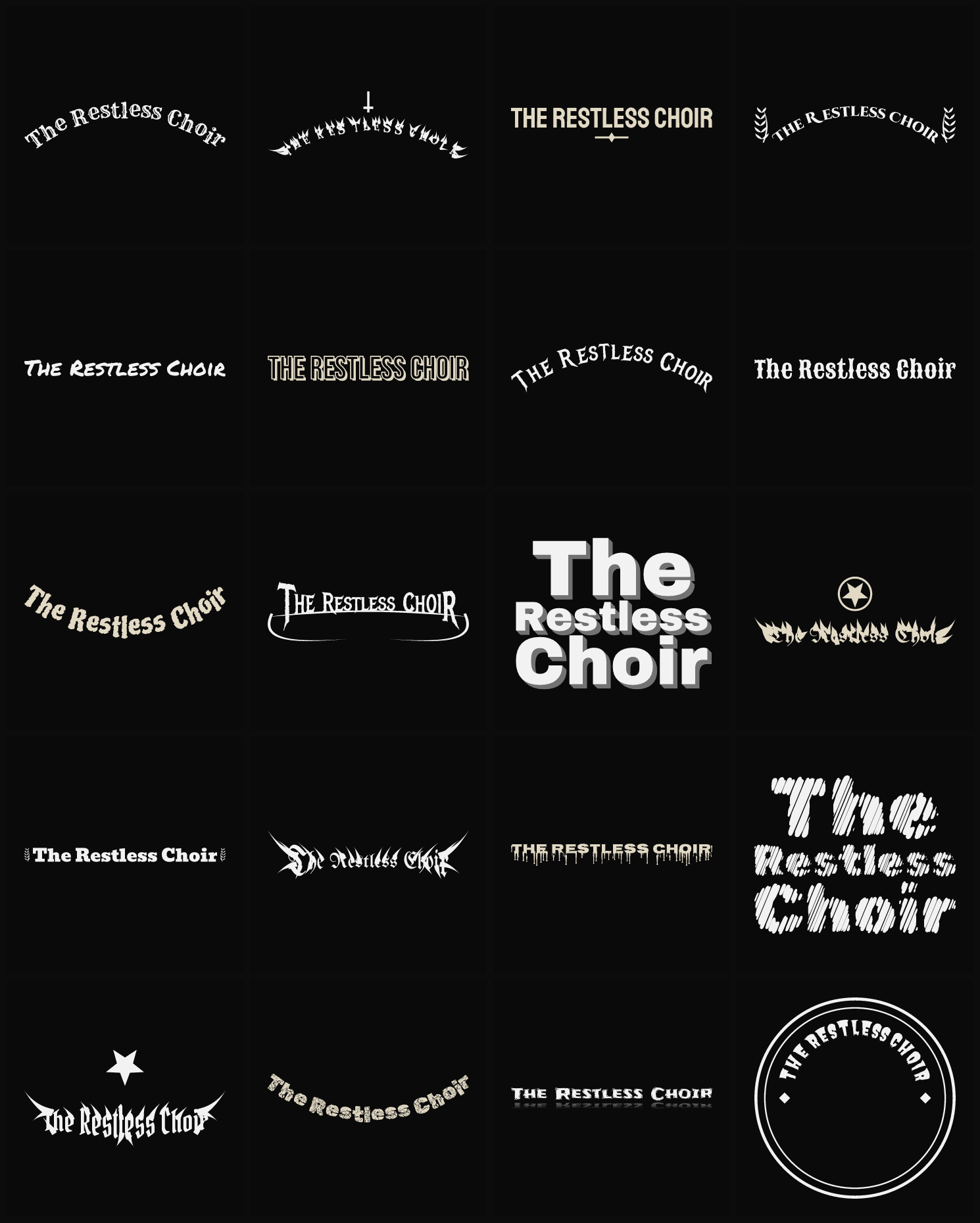 Twenty The Restless Choir band logo ideas — different faces, treatments and spike settings