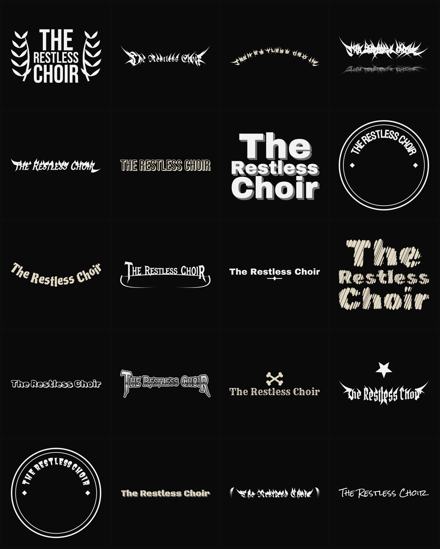 Twenty The Restless Choir band logo ideas — different faces, treatments and spike settings