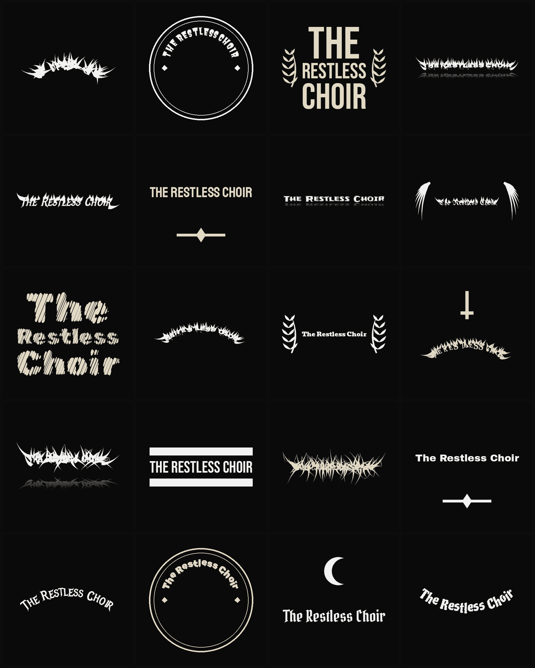 Twenty The Restless Choir band logo ideas — different faces, treatments and spike settings