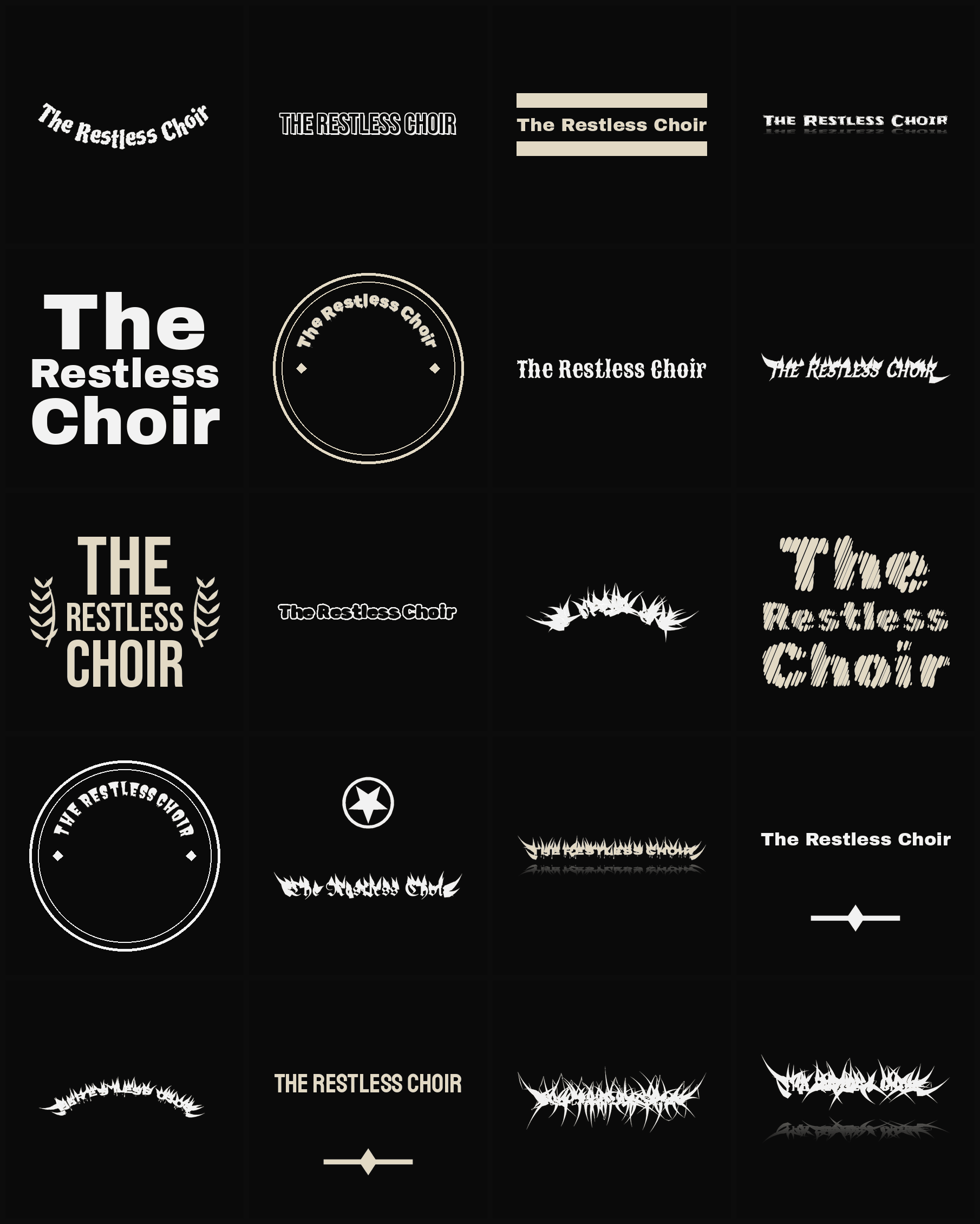 Twenty The Restless Choir band logo ideas — different faces, treatments and spike settings