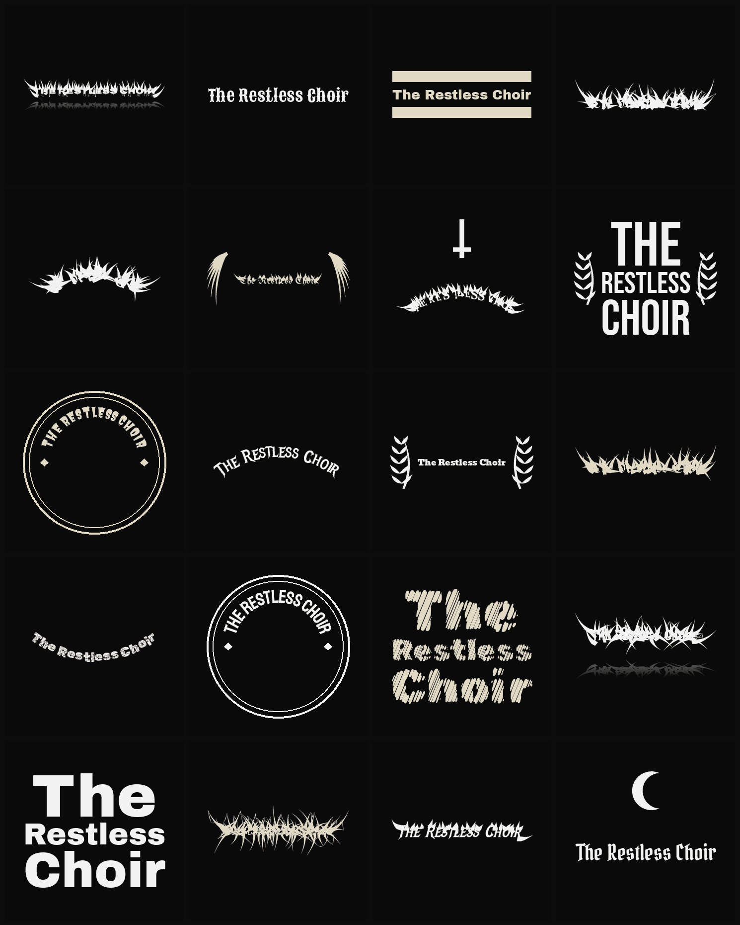 Twenty The Restless Choir band logo ideas — different faces, treatments and spike settings