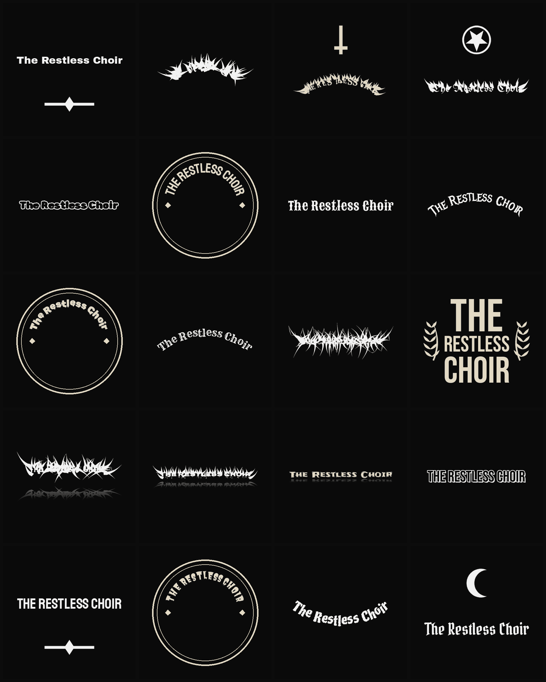 Twenty The Restless Choir band logo ideas — different faces, treatments and spike settings