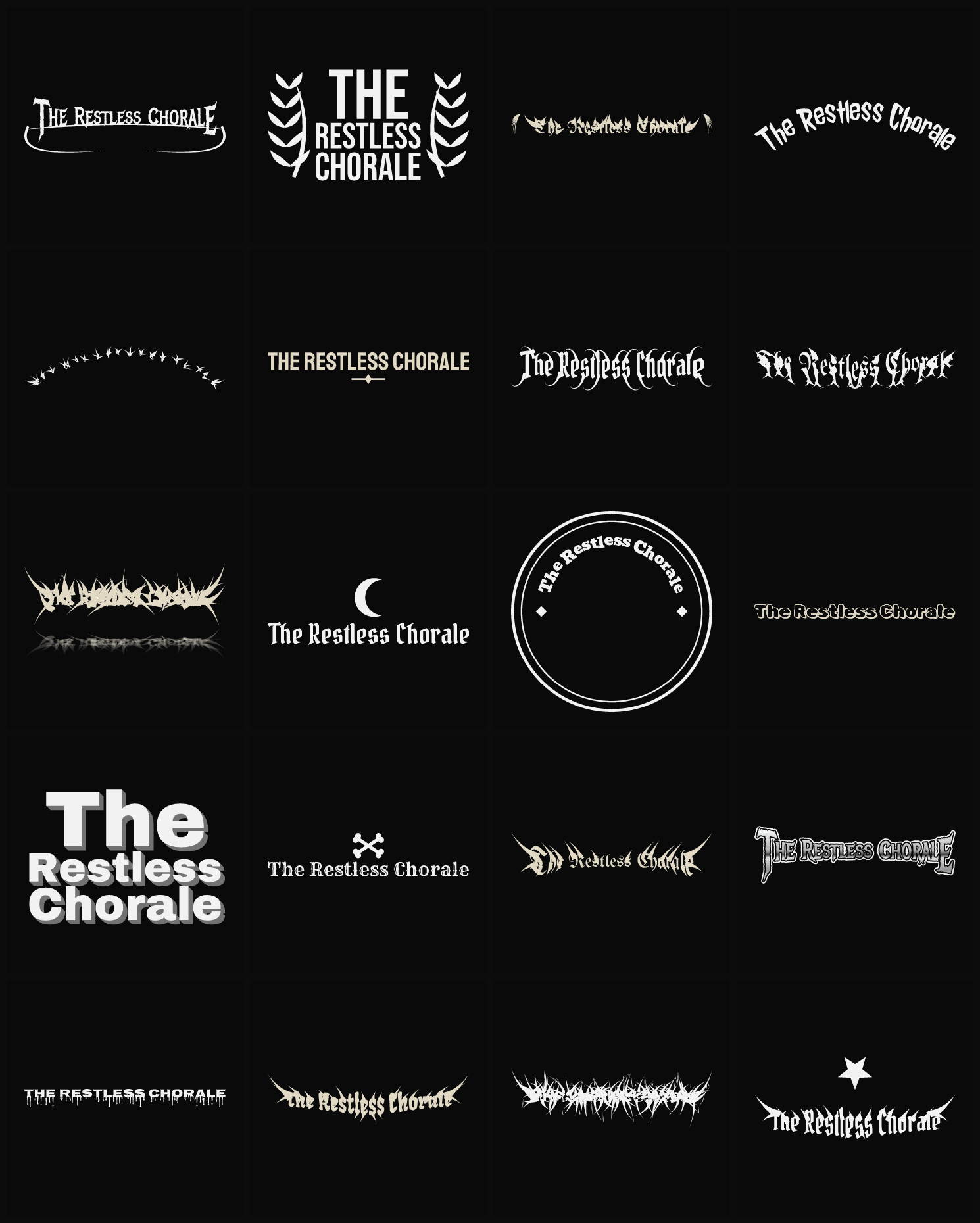 Twenty The Restless Chorale band logo ideas — different faces, treatments and spike settings