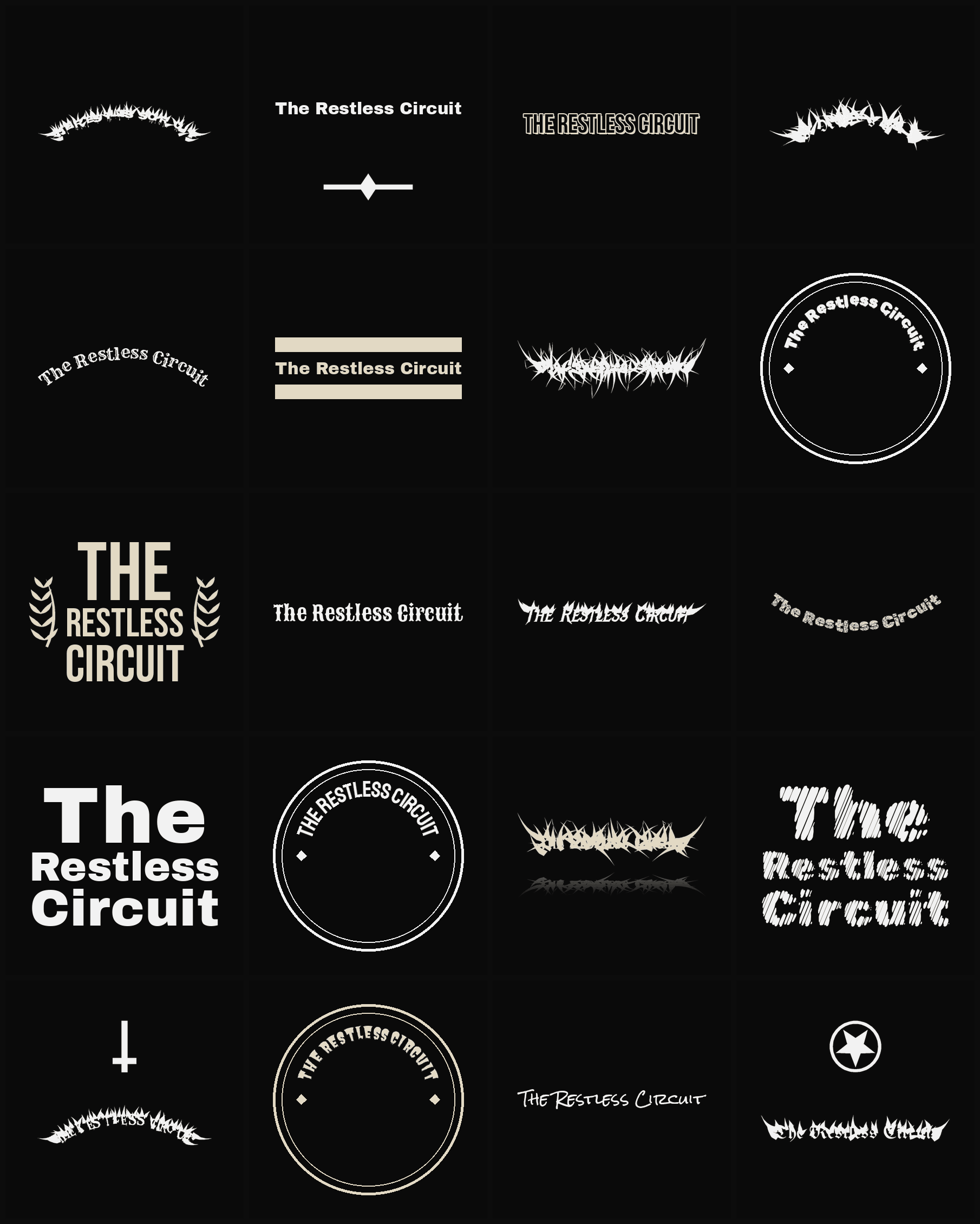 Twenty The Restless Circuit band logo ideas — different faces, treatments and spike settings