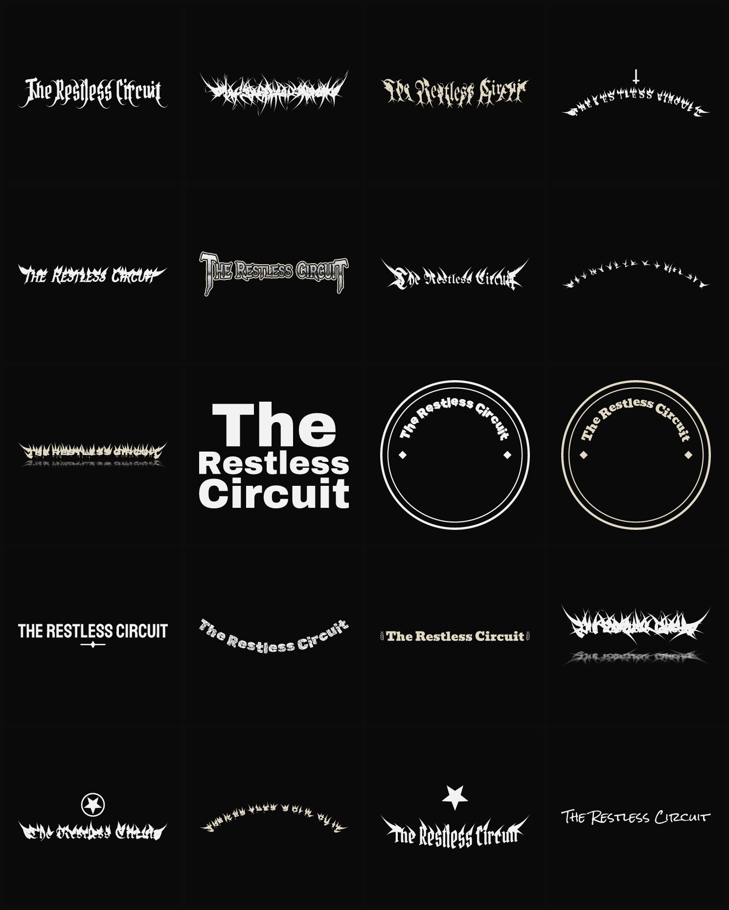 Twenty The Restless Circuit band logo ideas — different faces, treatments and spike settings
