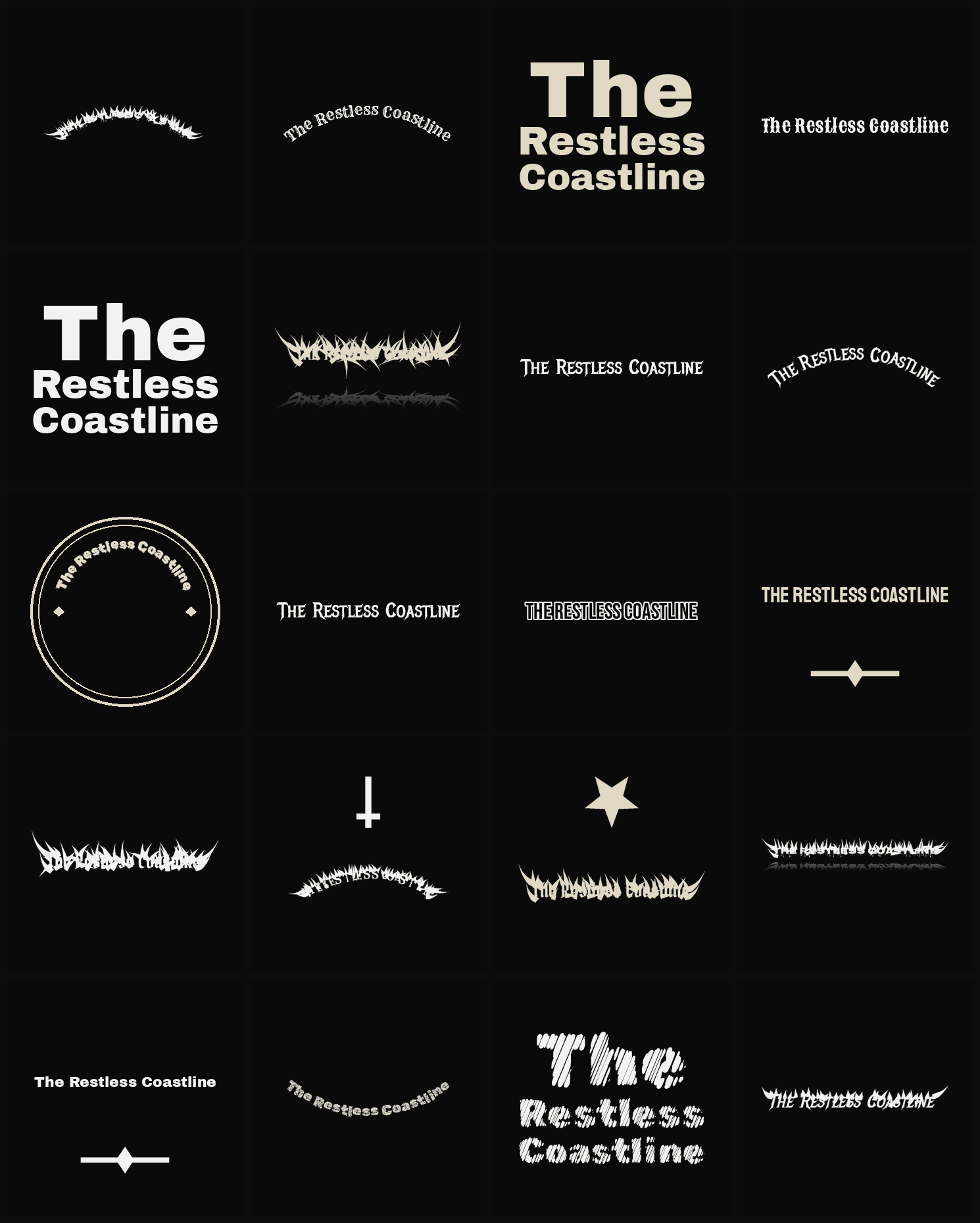 Twenty The Restless Coastline band logo ideas — different faces, treatments and spike settings