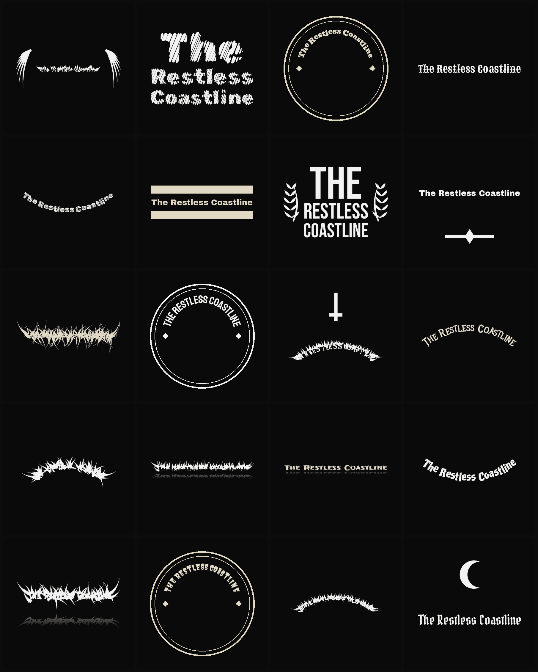 Twenty The Restless Coastline band logo ideas — different faces, treatments and spike settings