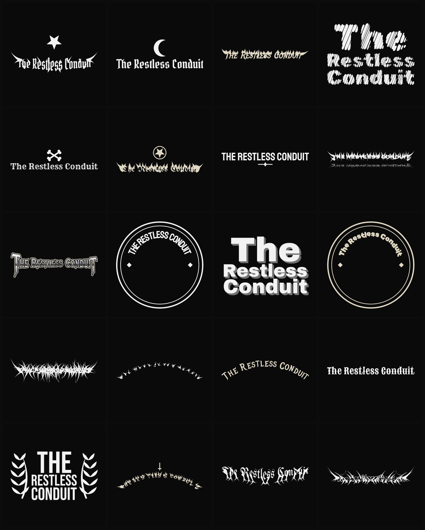 Twenty The Restless Conduit band logo ideas — different faces, treatments and spike settings
