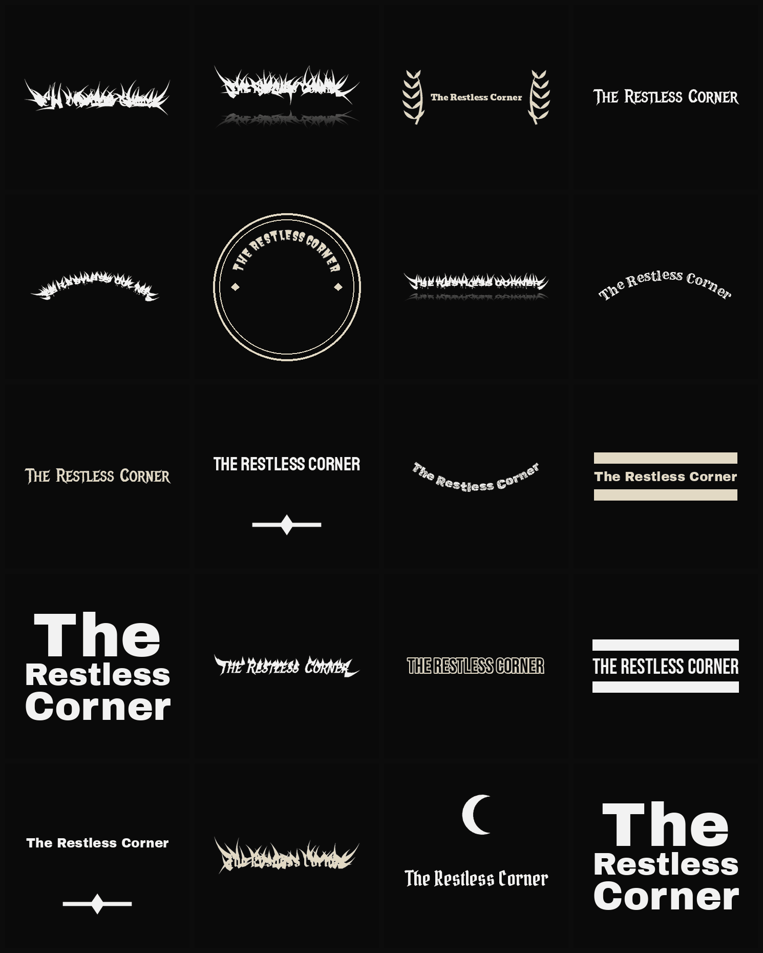 Twenty The Restless Corner band logo ideas — different faces, treatments and spike settings