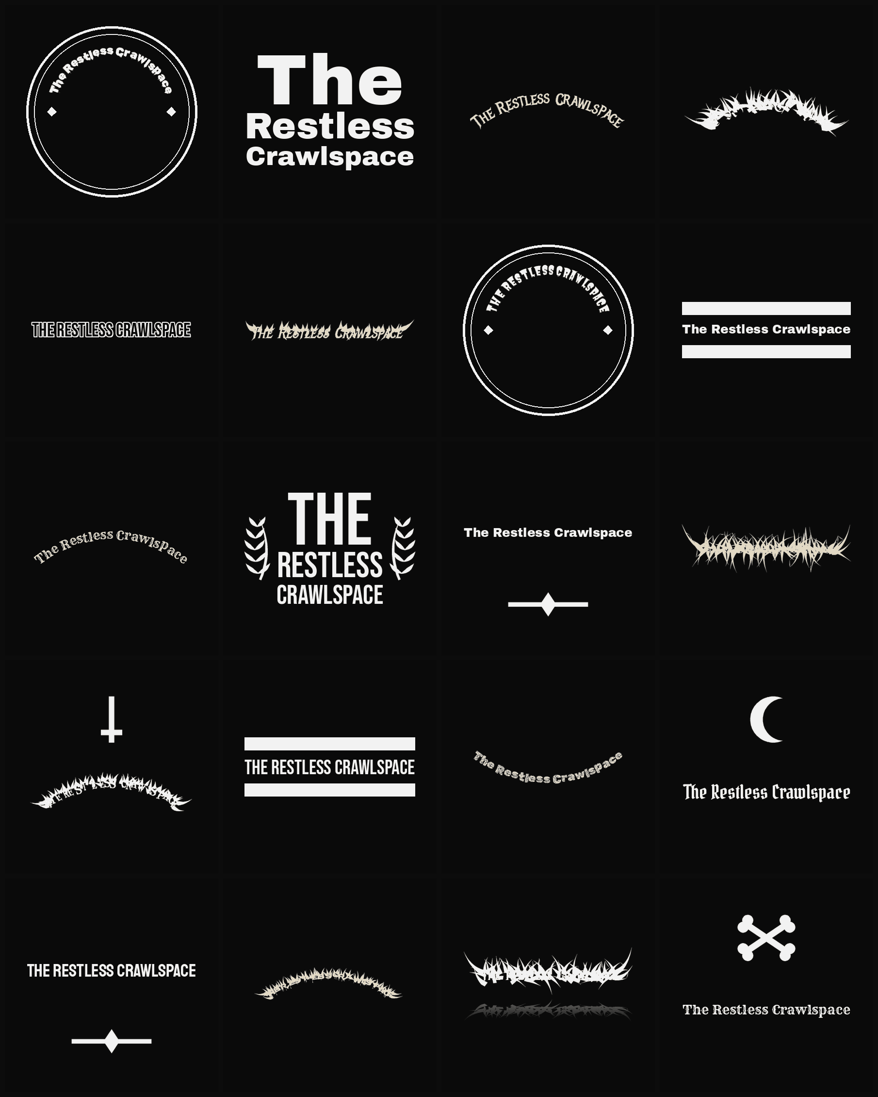 Twenty The Restless Crawlspace band logo ideas — different faces, treatments and spike settings