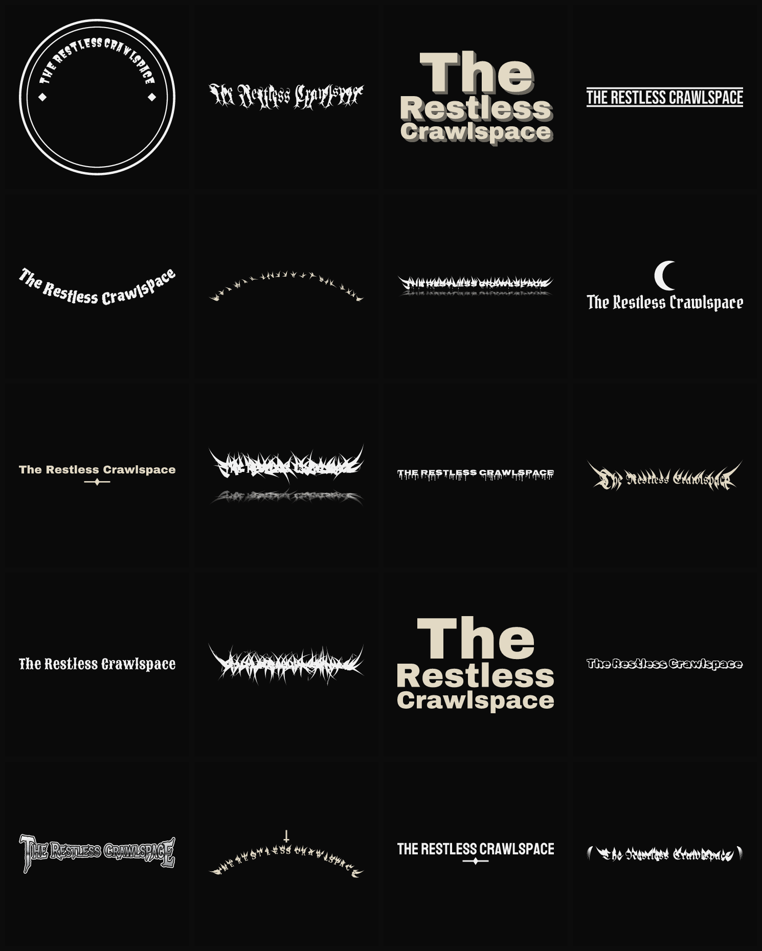 Twenty The Restless Crawlspace band logo ideas — different faces, treatments and spike settings