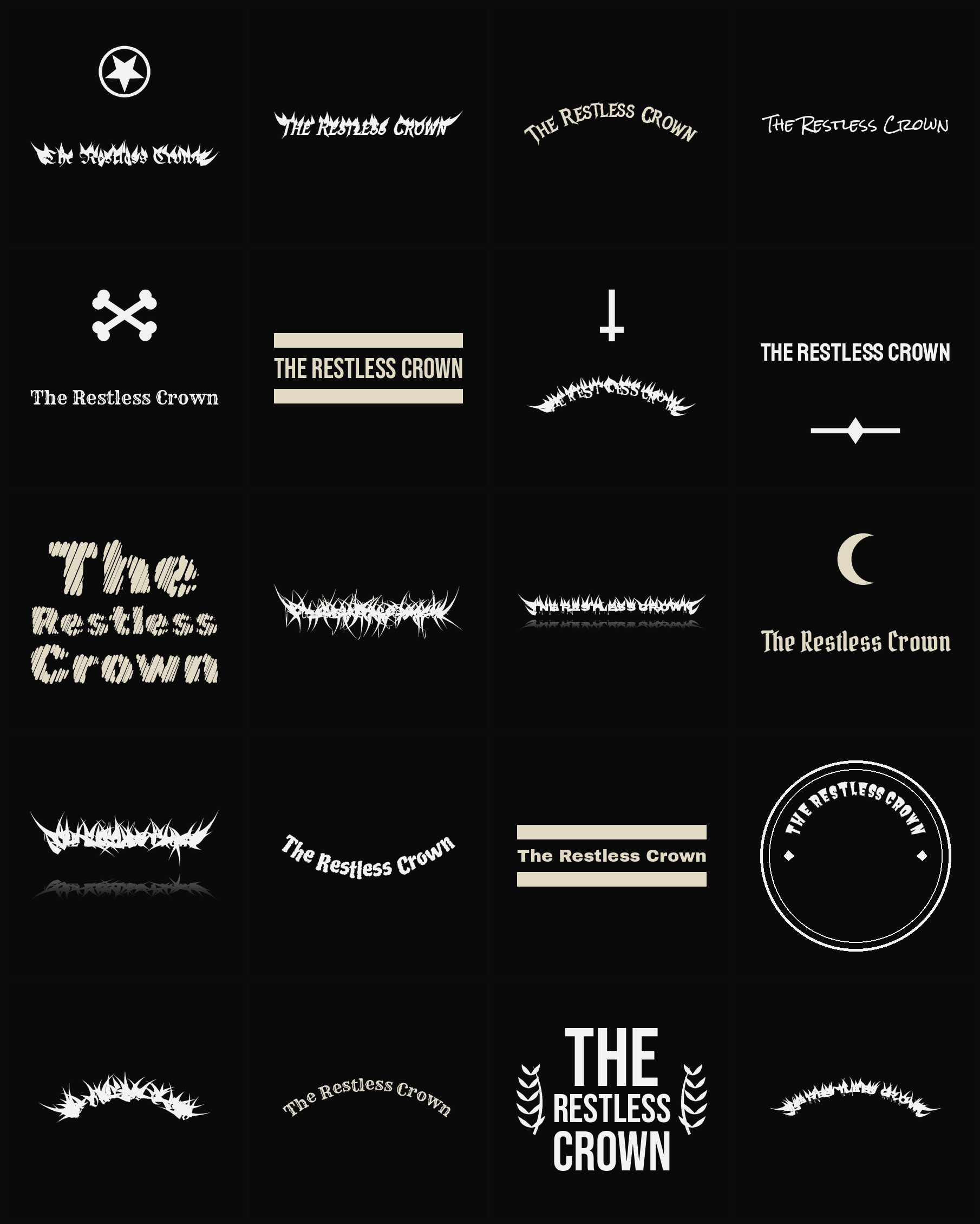 Twenty The Restless Crown band logo ideas — different faces, treatments and spike settings
