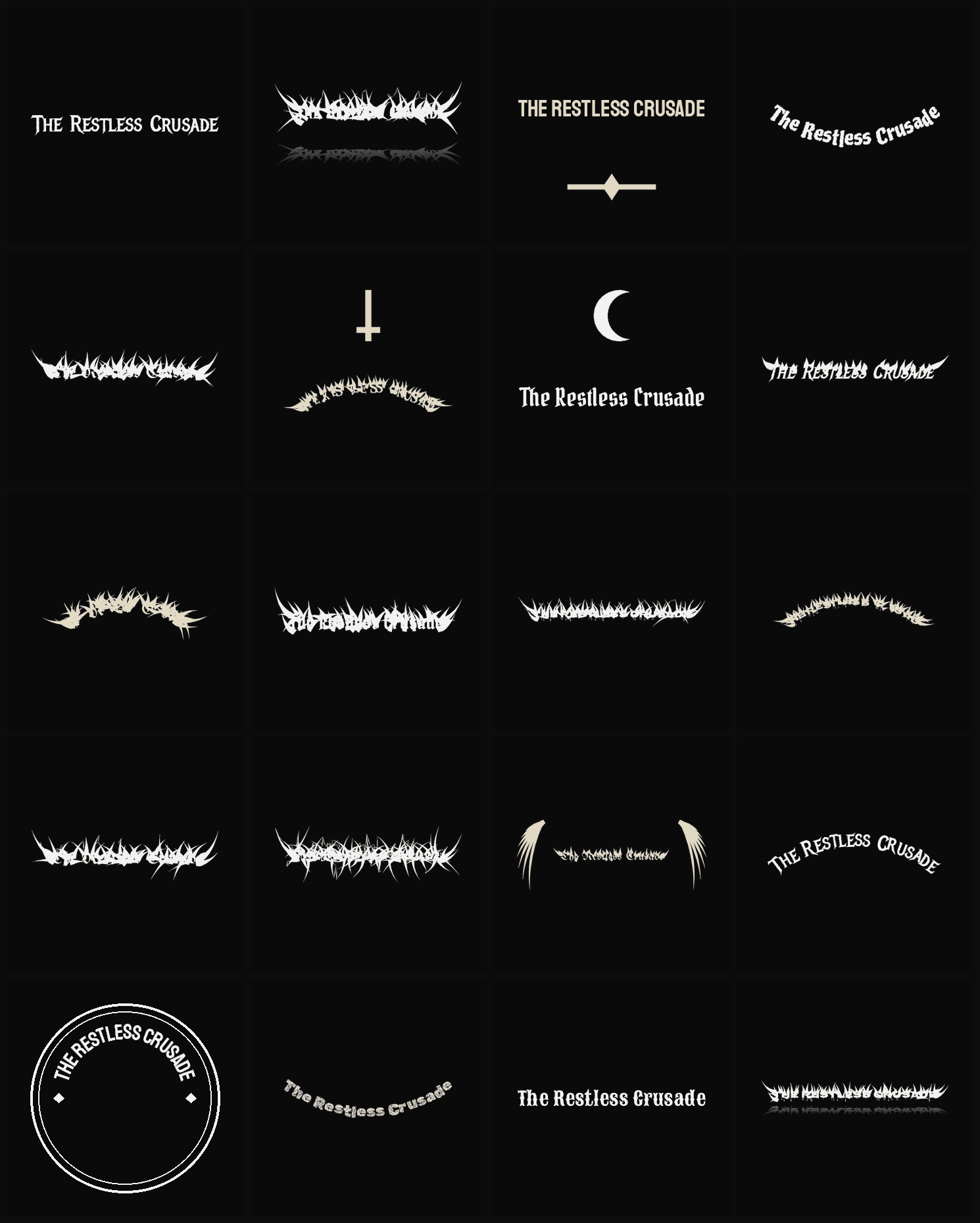 Twenty The Restless Crusade band logo ideas — different faces, treatments and spike settings