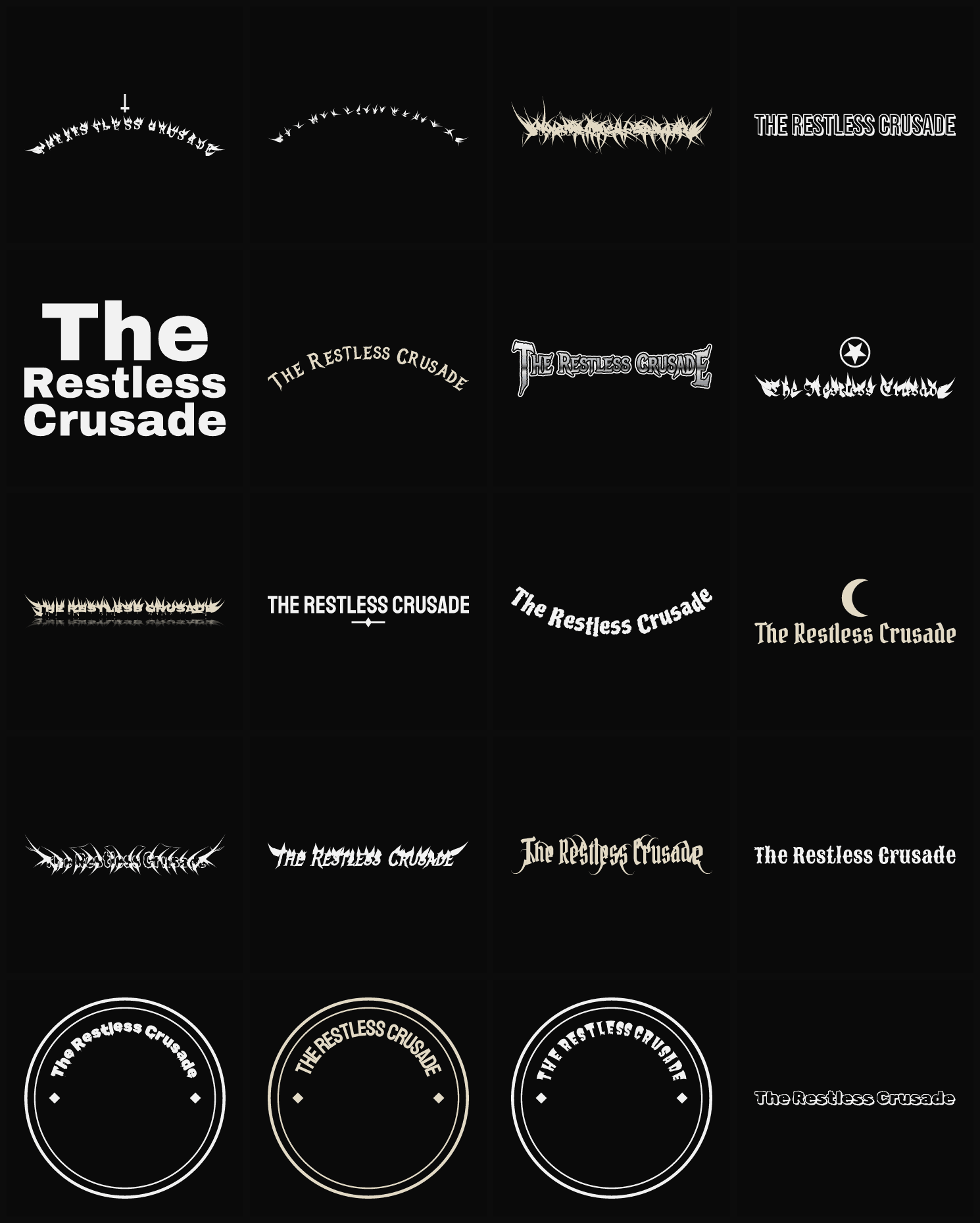 Twenty The Restless Crusade band logo ideas — different faces, treatments and spike settings